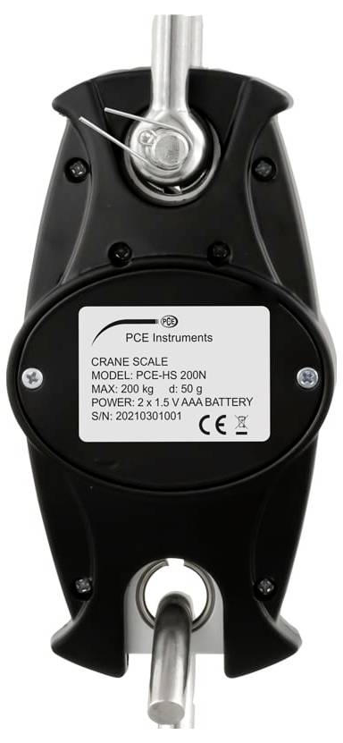 Schwarze PCE Instruments Kranwaage mit Metallhaken zum Aufhängen, beschriftet mit „CRANE SCALE