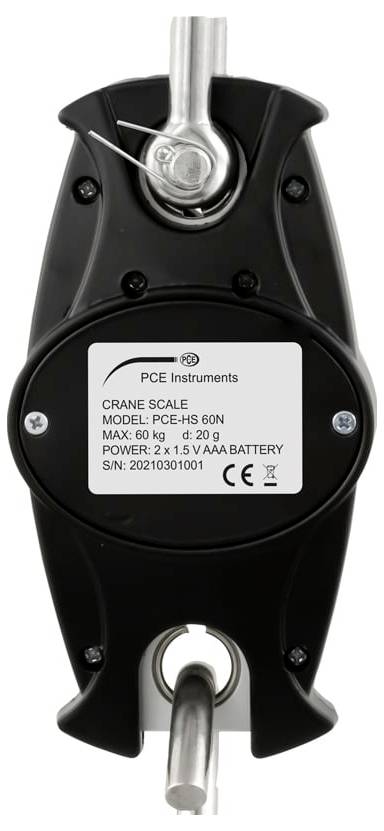 Schwarzes PCE Instruments-Kranwaagegerät mit Metallhaken und einem Etikett, das das Modell „PCE-PS 6P