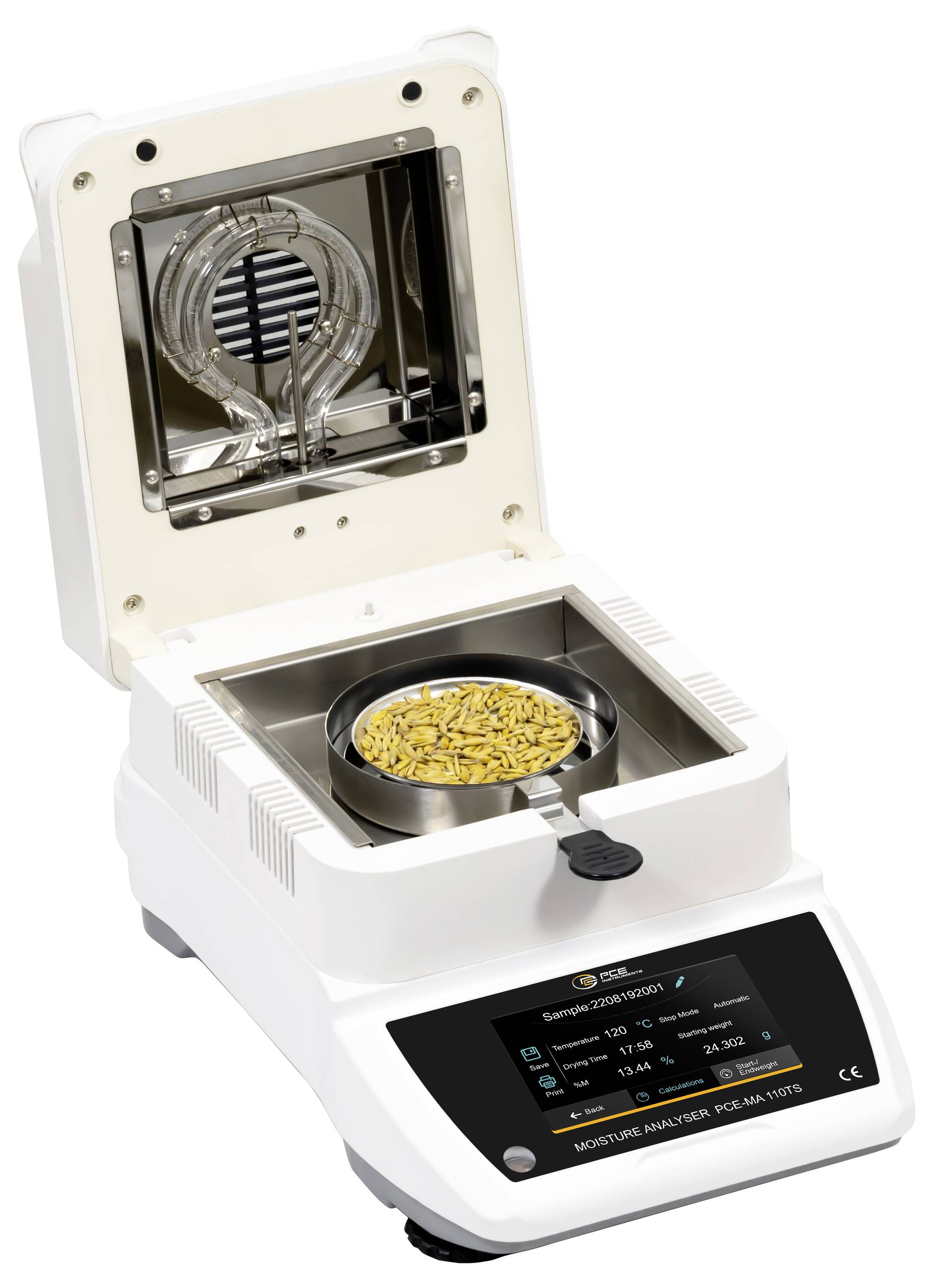 Laborfeuchteanalysator mit geöffnetem Deckel und einer Probenschale im Inneren, die die Heizkammer und das Touchscreen-Bedienfeld zeigt.