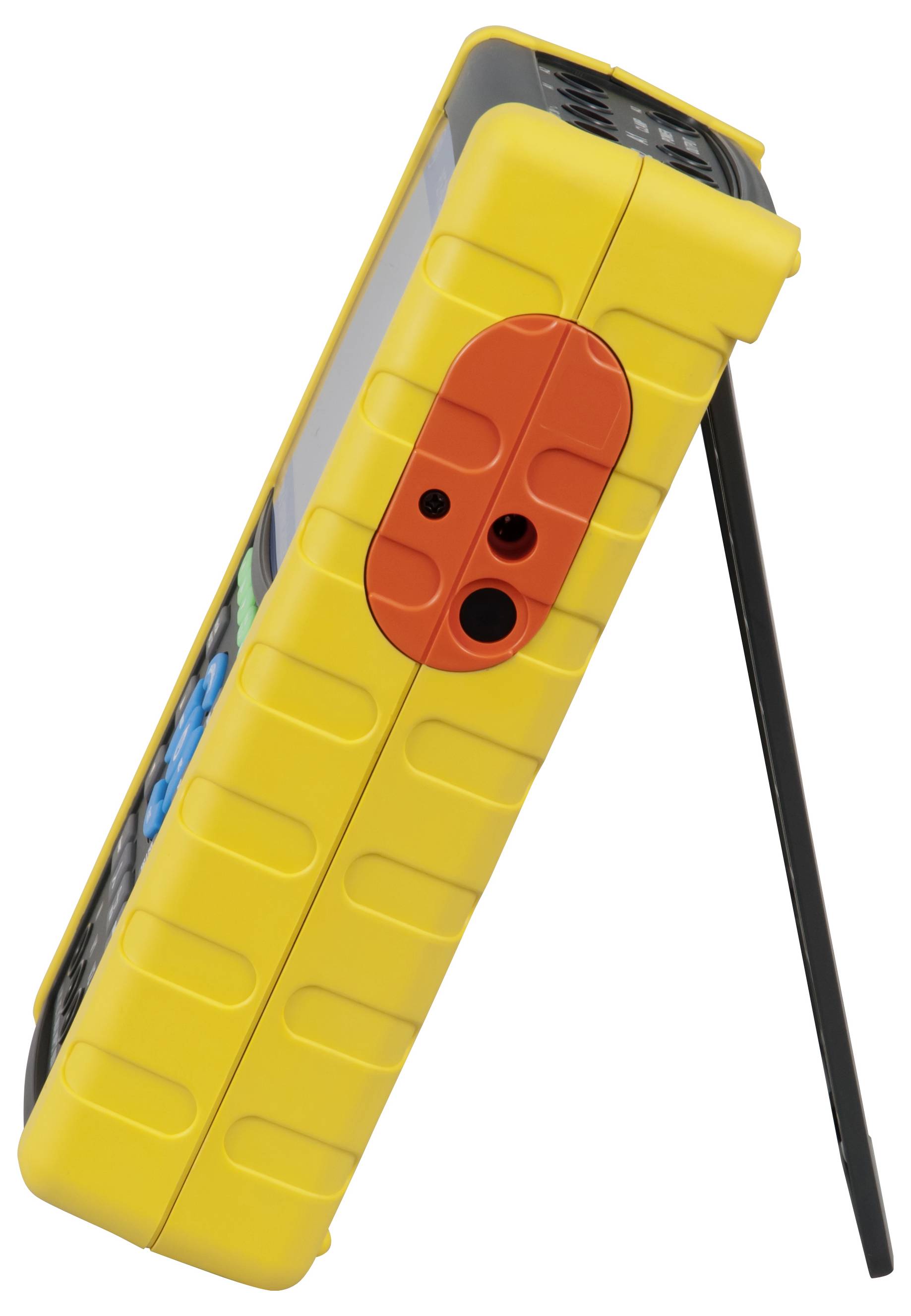 Gelbes tragbares Gerät mit orange farbiger Frontplatte und schwarzer Antenne, angewinkelt auf weißem Hintergrund dargestellt.