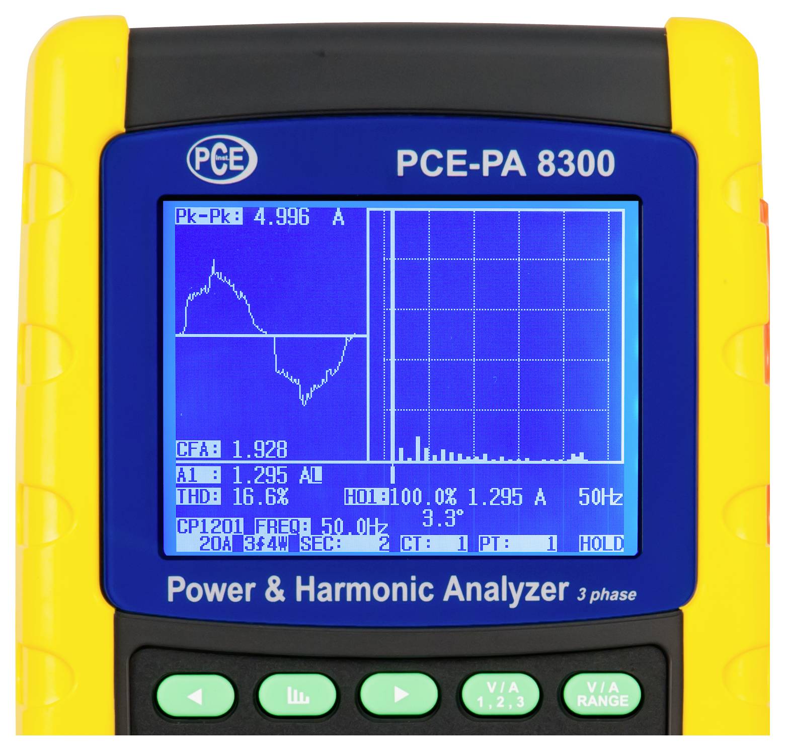 PCE-PA 8300 Strom- und Oberschwingungsanalysator-Display zeigt Stromwellenfrom, Spektrumbalken und Messwerte wie z. B. Spitze-Spitze 4,996 A, THD 16,6 % und 50,0 Hz.