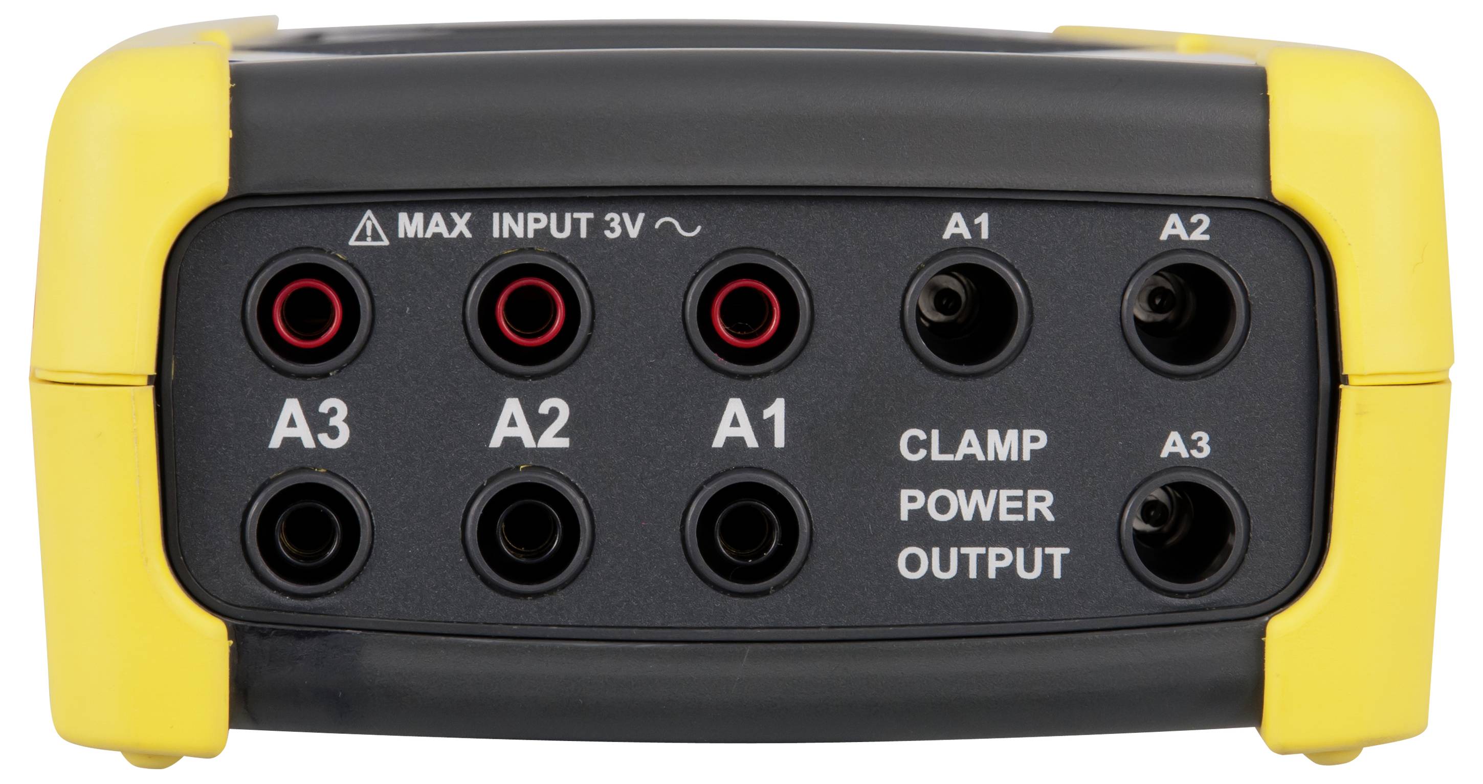 Frontplatte eines Zangenmessgeräts mit sechs Eingängen, gekennzeichnet mit A1, A2, A3 und 'CLAMP POWER OUTPUT', sowie 'MAX INPUT 3V'