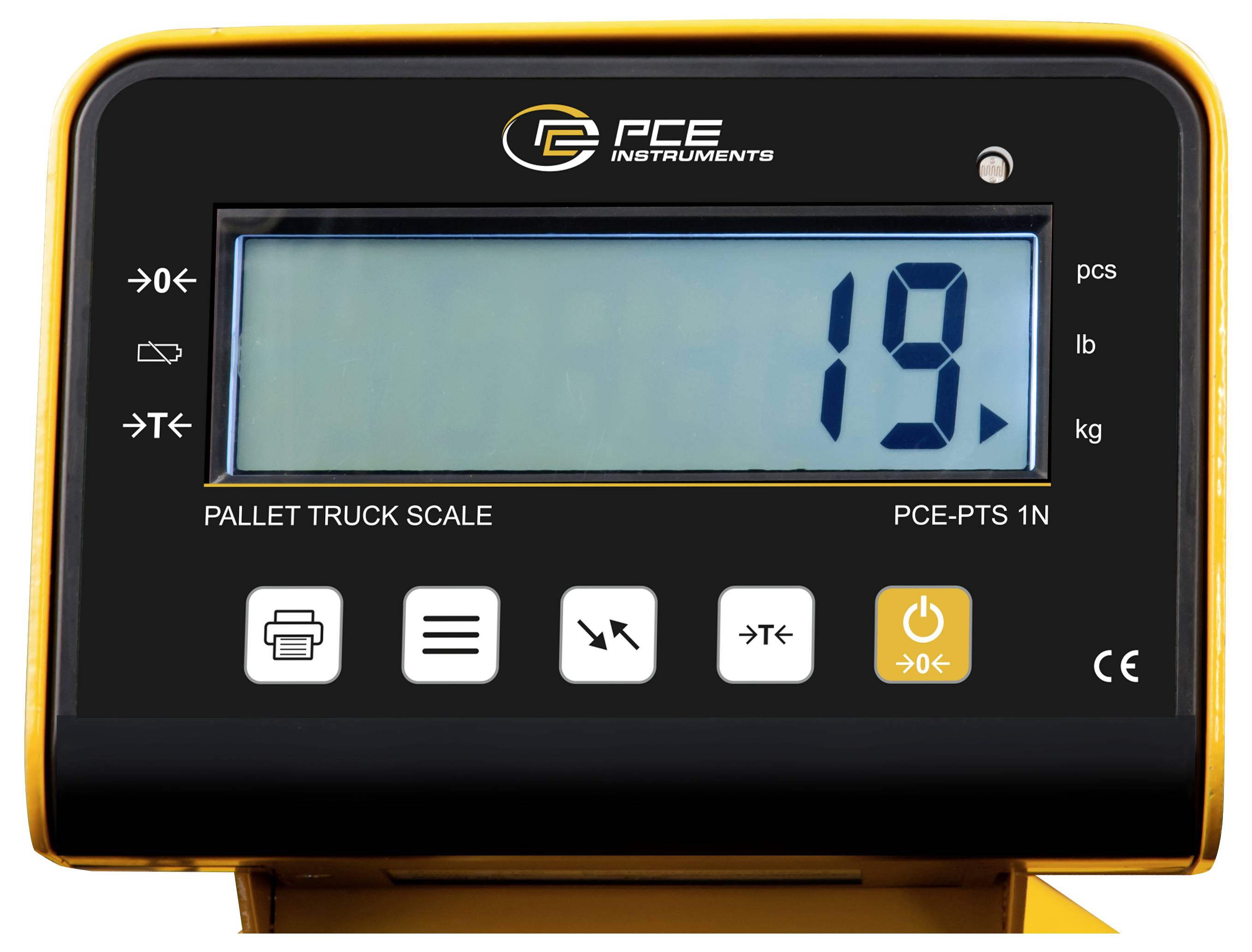 Digitale Palettenwagen-Waage von PCE Instruments mit einer Gewichtsanzeige von 19 kg.