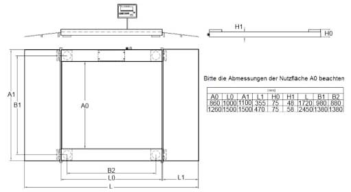 Technische Maßstabzeichnung einer rechteckigen Aufzugs-/Plattform mit beschrifteten Abmessungen A0, A1, B1, B2, L0, L1, H0 und H1, plus eine Notiz in deutscher Sprache: 'Bitte die Abmessungen der Nutzfläche A0 beachten'.