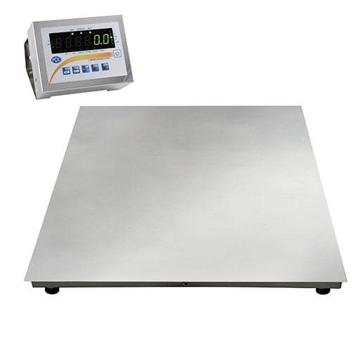 Digitale Edelstahl-Plattformwaage mit separatem Display und großer flacher Wiegefläche.