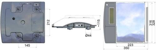 Technische Zeichnung eines wandmontierten Geräts, dargestellt in Front-, Seiten- und Einbauansicht, mit beschrifteten Abmessungen von 145, 212, 44, 223, 316 und 350 mm.