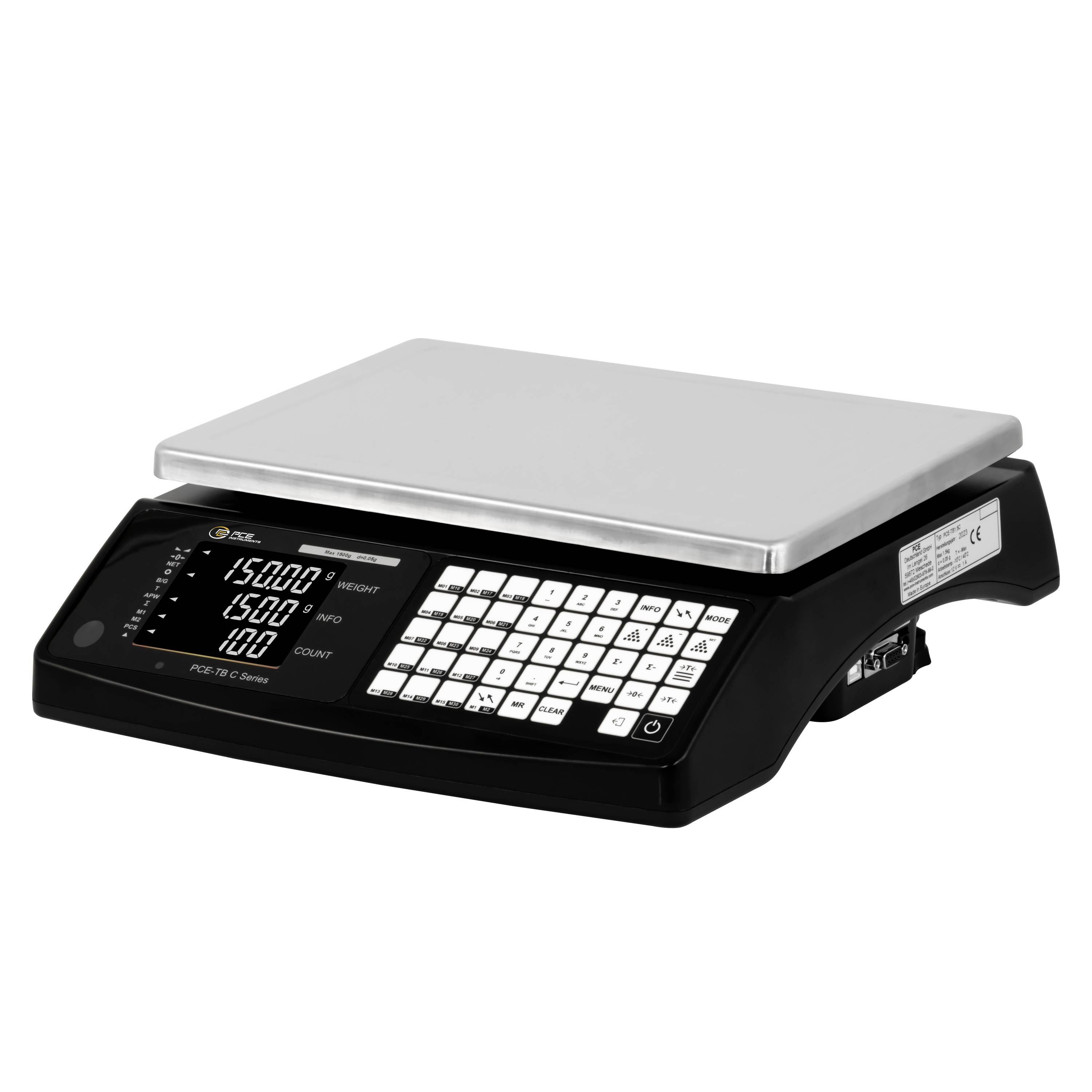 Schwarze digitale Handelswaage mit Edelstahlplattform, LCD-Display und Tastatur