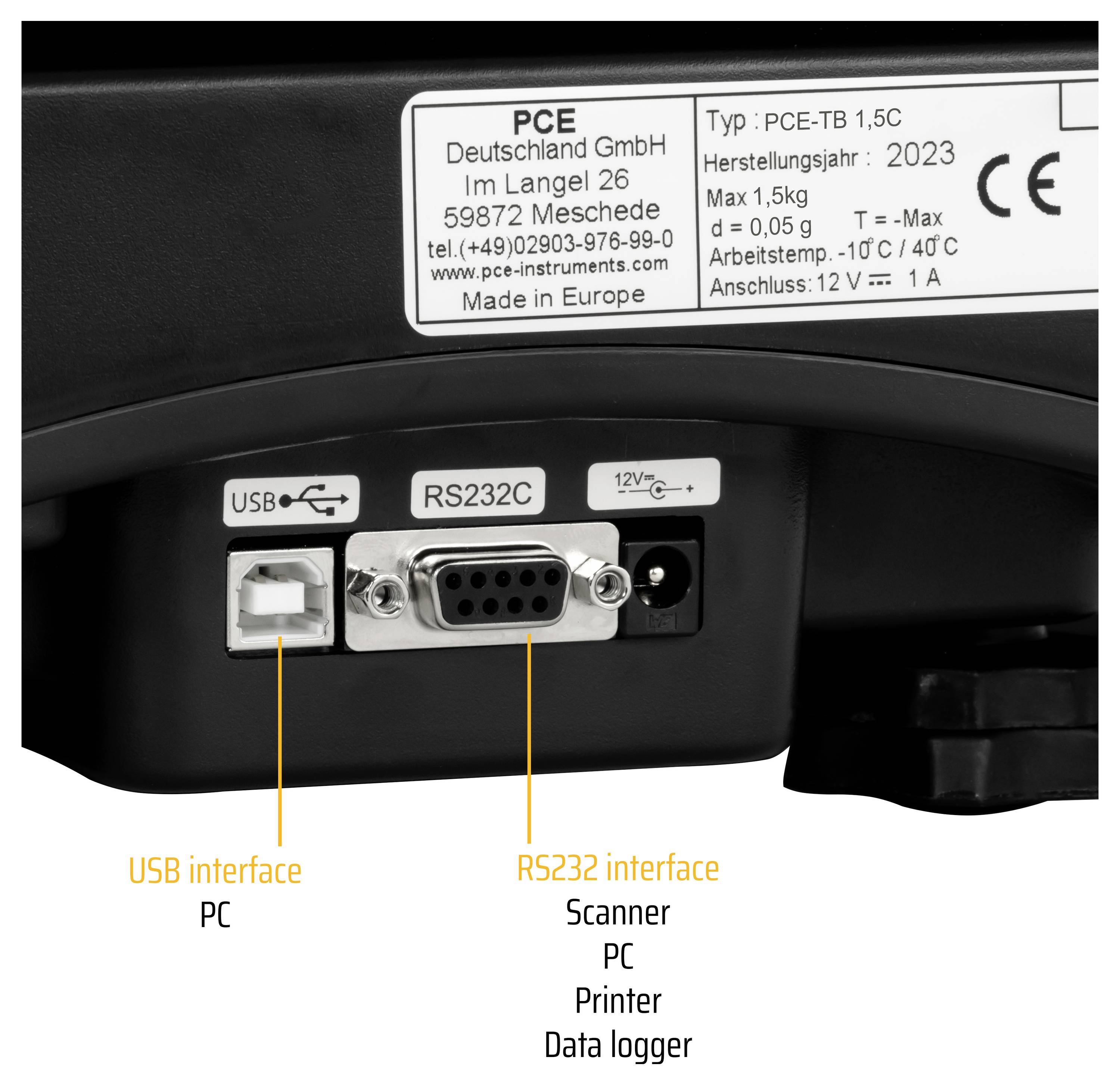 Nahaufnahme eines Gerätepanels mit beschrifteten USB- und RS232-Anschlüssen, mit einer Anmerkung, die USB für PC und RS232 für Scanner, PC, Drucker oder Datenlogger angibt.