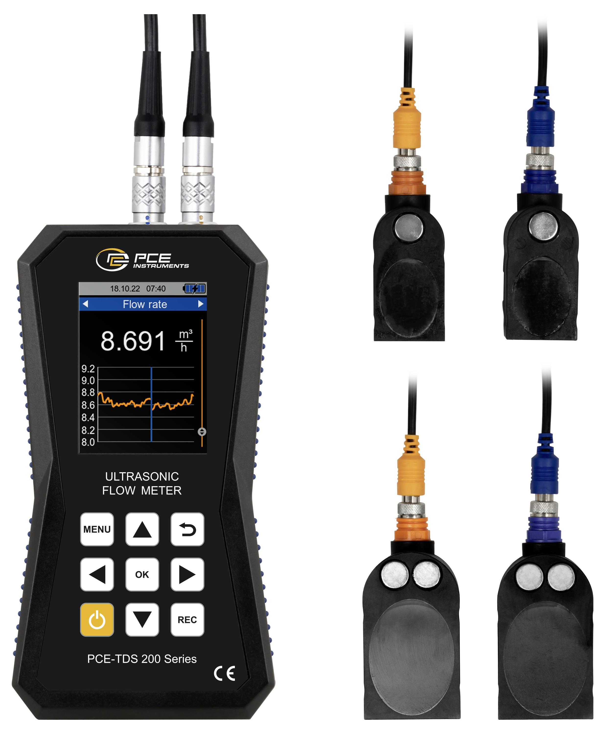 Tragbares Ultraschall-Durchflussmessgerät mit Display, das „Durchflussrate
