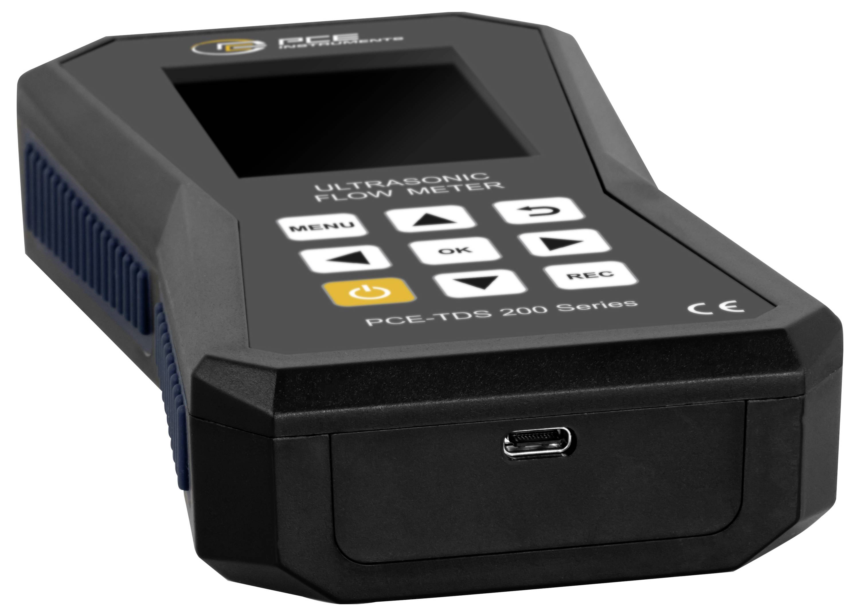 Schwarzes Ultraschall-Durchflussmessgerät mit der Bezeichnung „ULTRASONIC FLOW METER