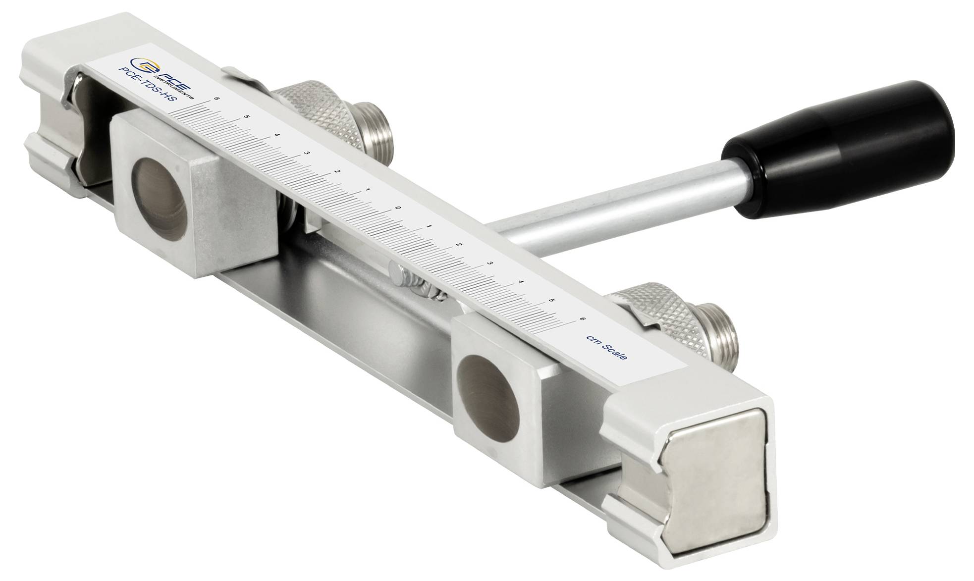 Edelstahlmechanisches lineares Verfahrwerk mit schwarzem Griff, Linealmessskala und Befestigungsblöcken, verwendet zur präzisen Positionierung oder Justierung.