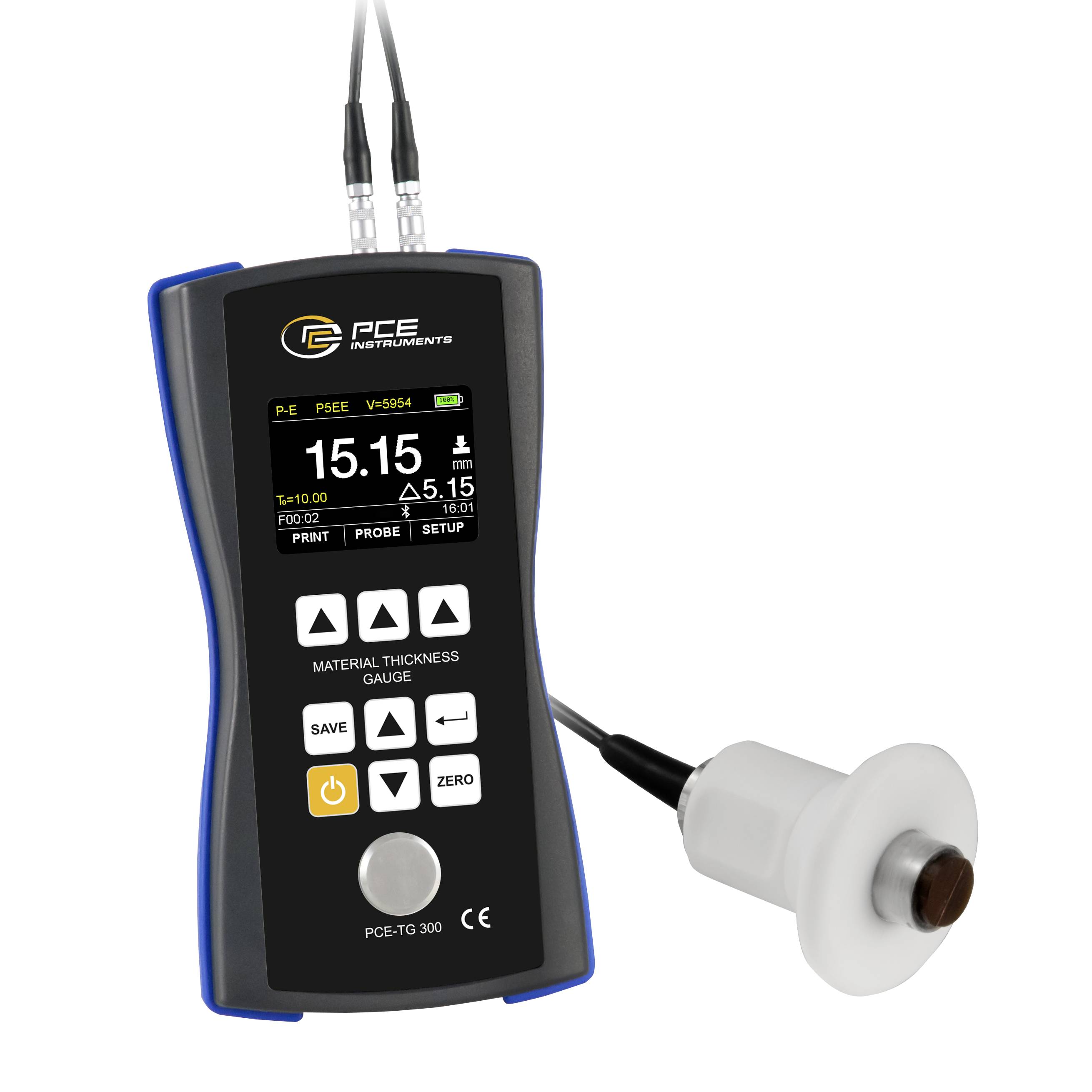 Tragbares PCE-Materialdickenprüfgerät mit Sonde, das eine Anzeige von 15.15 auf seinem Display zeigt.