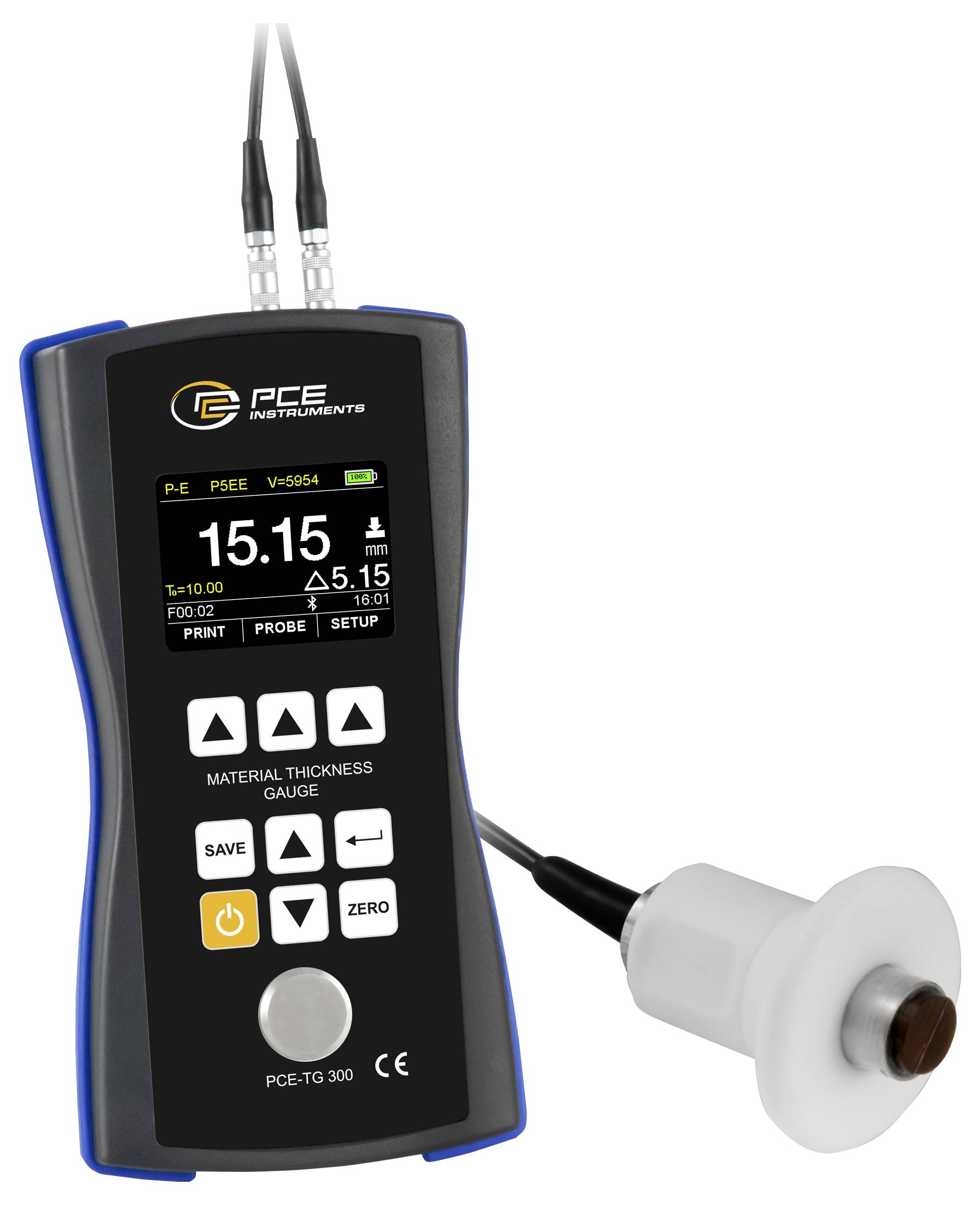 Tragbares Materialdicken-Messinstrument mit Sonde, zeigt eine Messung von 15,15 auf seinem Display.