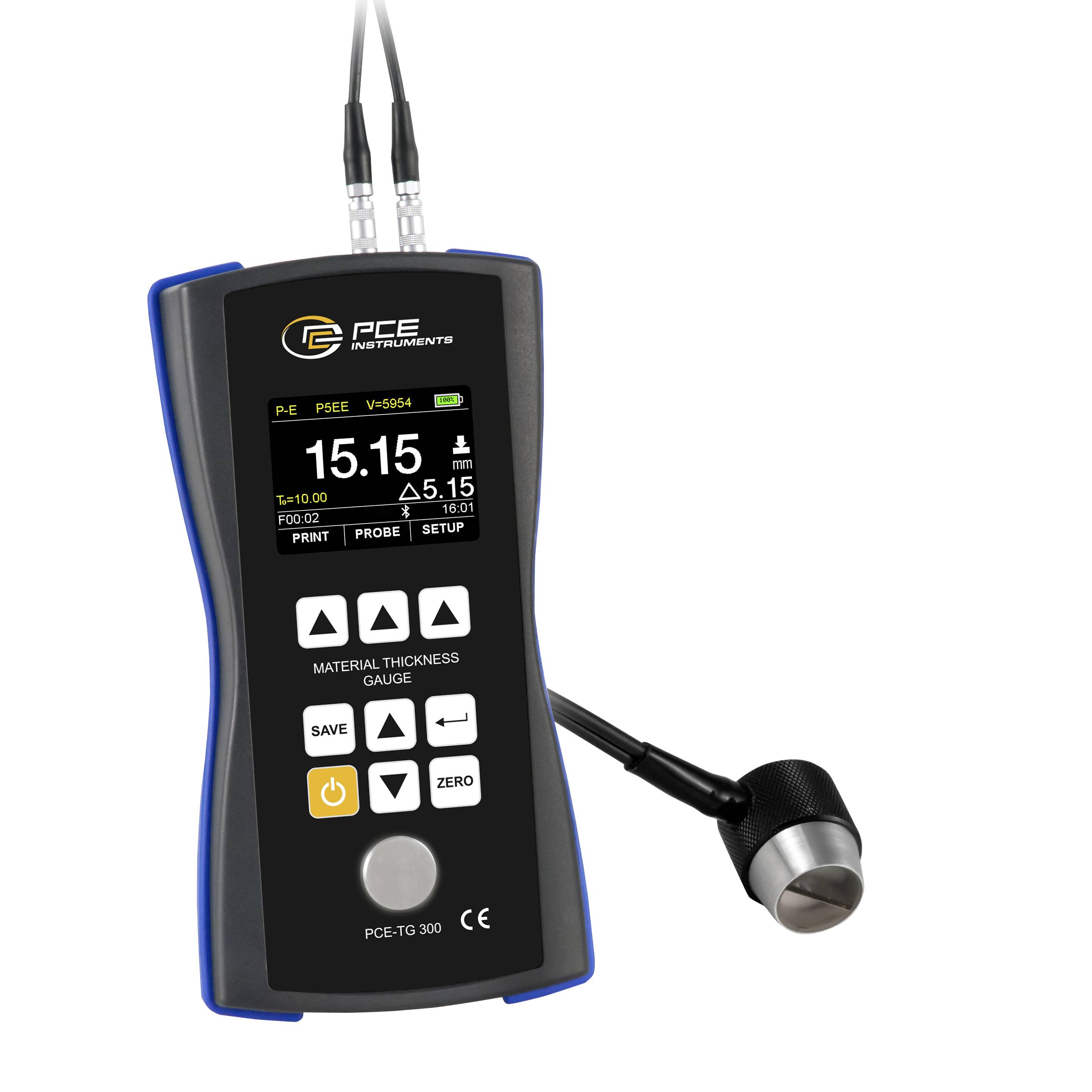 Tragbares PCE-Dickenmessgerät mit angebrachter Sonde und Display, das eine Messung von 15,15 mm anzeigt.