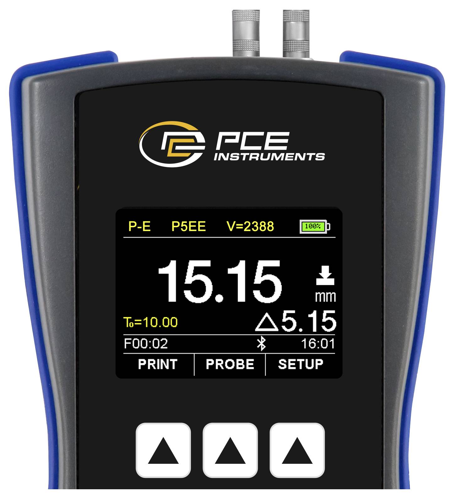 Tragbares PCE-Messinstrument-Display mit einer Messung von 15,15 mm, mit Batterie-, Sondenstatus- und Menütasten für Druck, Sonde und Einrichtung.