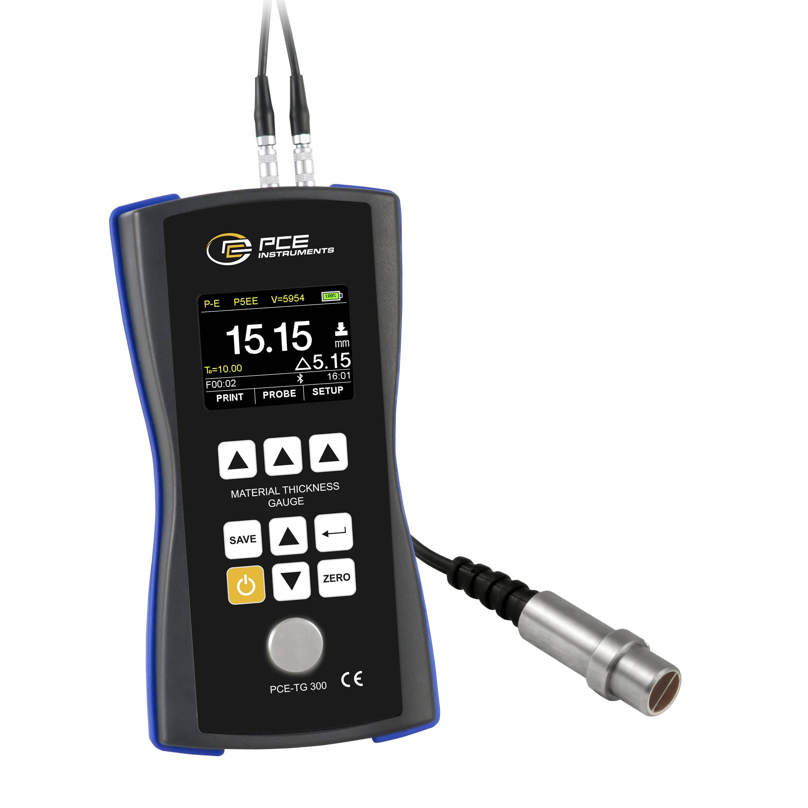 Tragbares PCE-Dickenmessgerät mit Messsonde-Kabel, das auf dem Display eine Anzeige von 15,15 mm zeigt.
