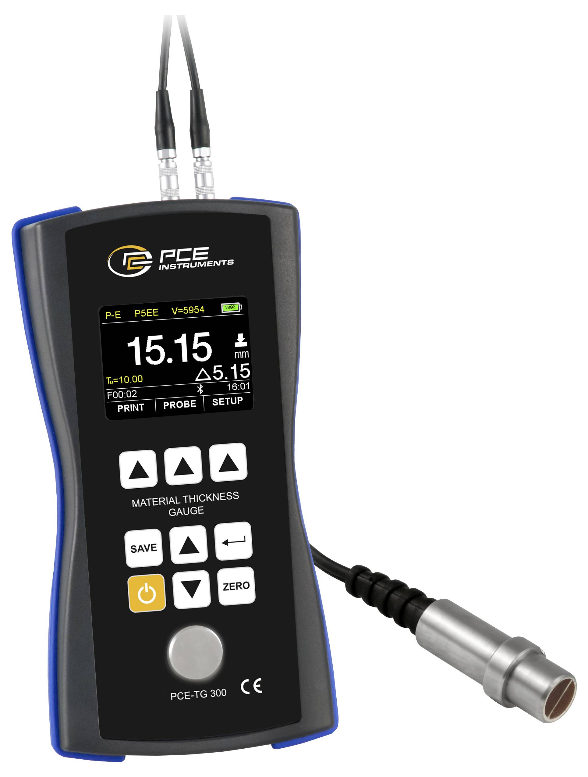Tragbares PCE-Materialdicken-Messgerät mit digitaler Anzeige und angebrachter Sonde, Vorderansicht auf weißem Hintergrund.