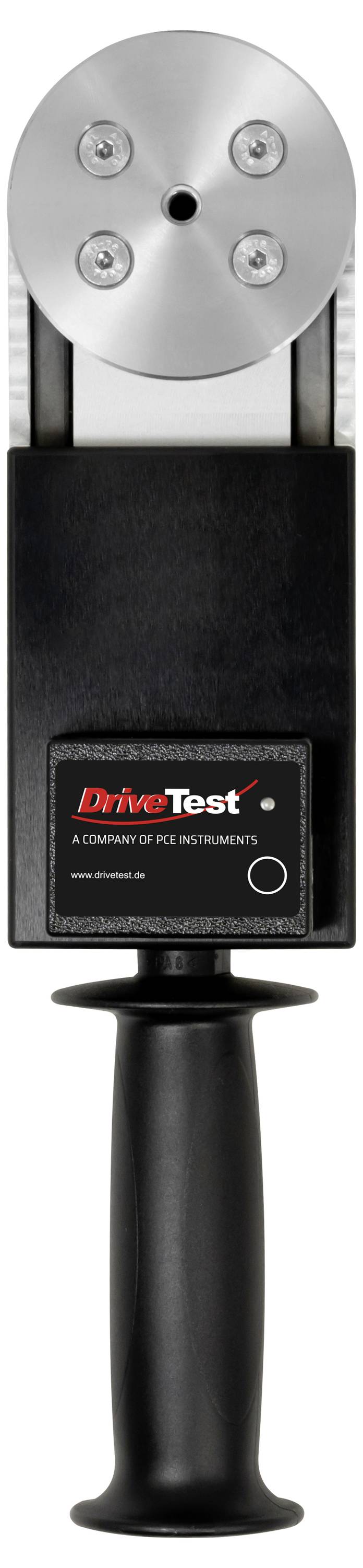 Tragbares DriveTest-Messinstrument mit rundem Metallsensorkopf, schwarzem Gehäuse und Pistolengriff, Vorderansicht.