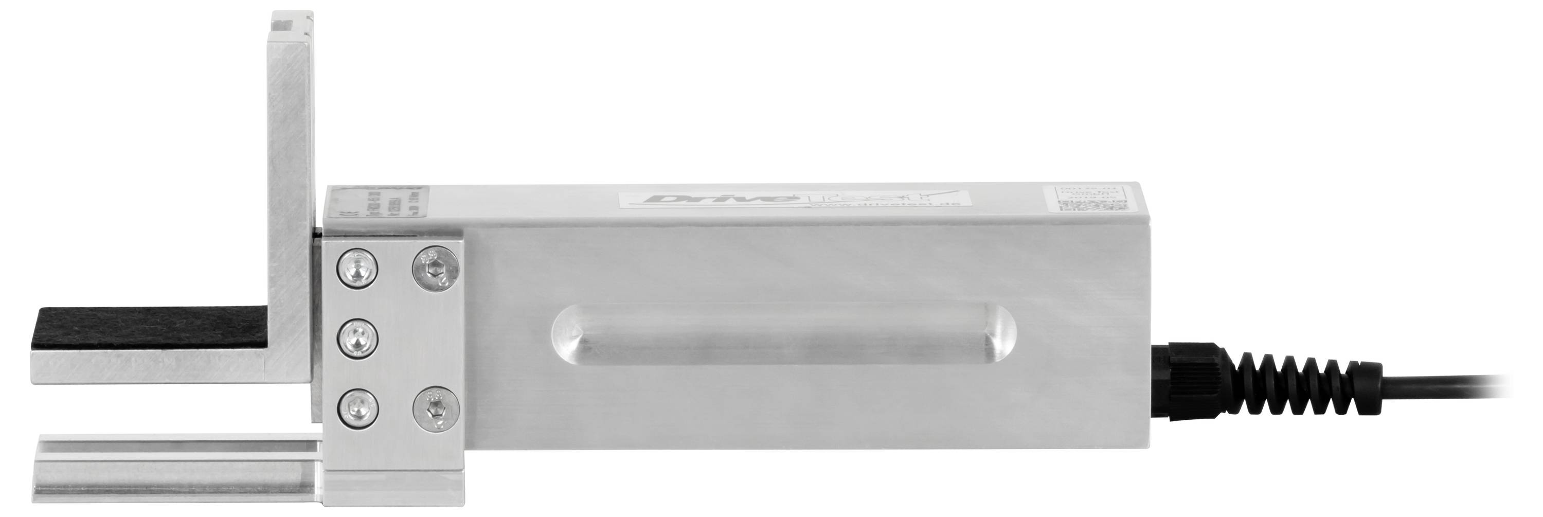 Linearer Metallaktuator der Industrie oder Spannzangengruppe mit einem schwarzen Kabel, das am rechten Ende angeschlossen ist, auf weißem Hintergrund dargestellt.