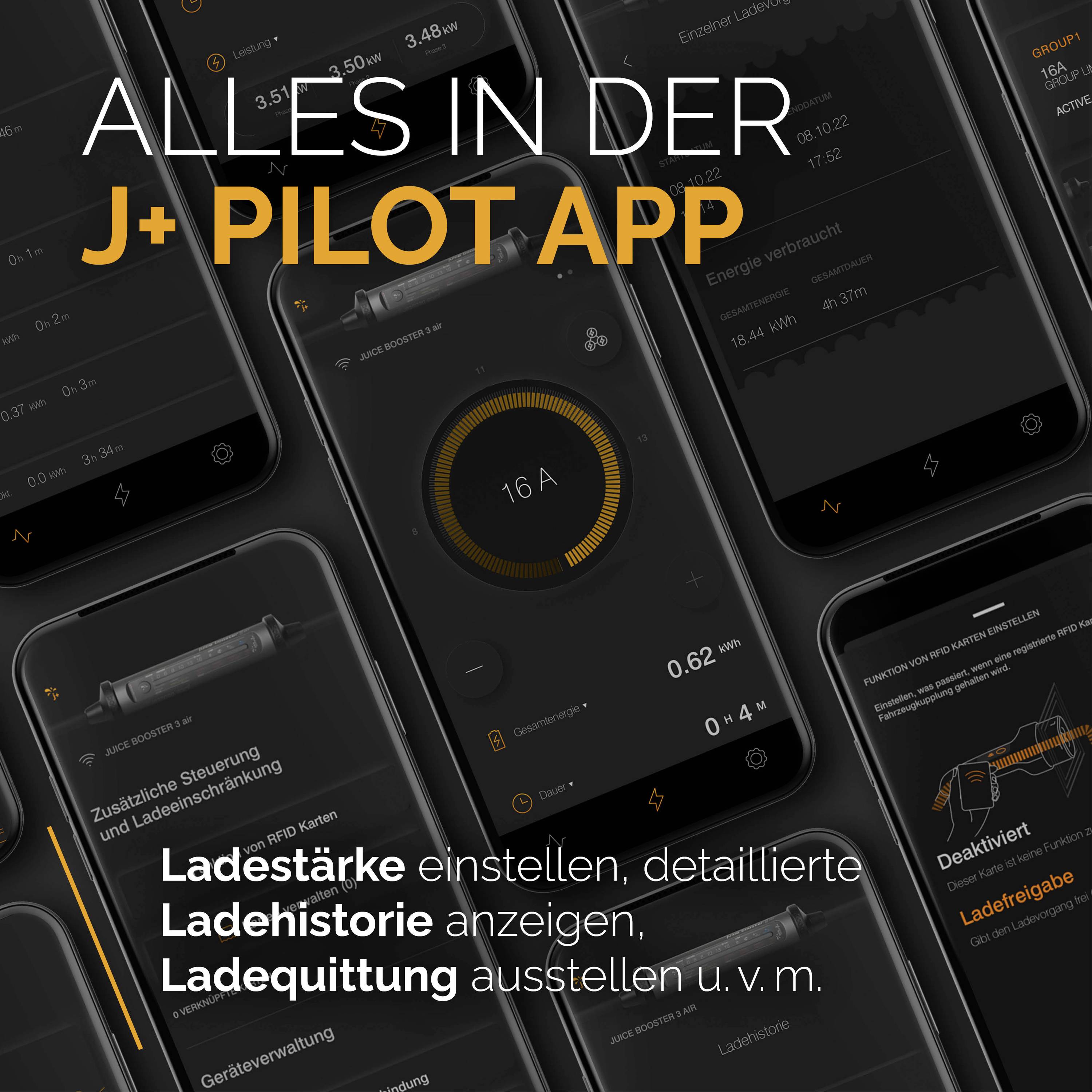 Werbung für die J+ Pilot App: Bild mehrerer Smartphone-Bildschirme mit Ladeinformationen. Überschrift und Funktionen in Textform hervorgehoben.