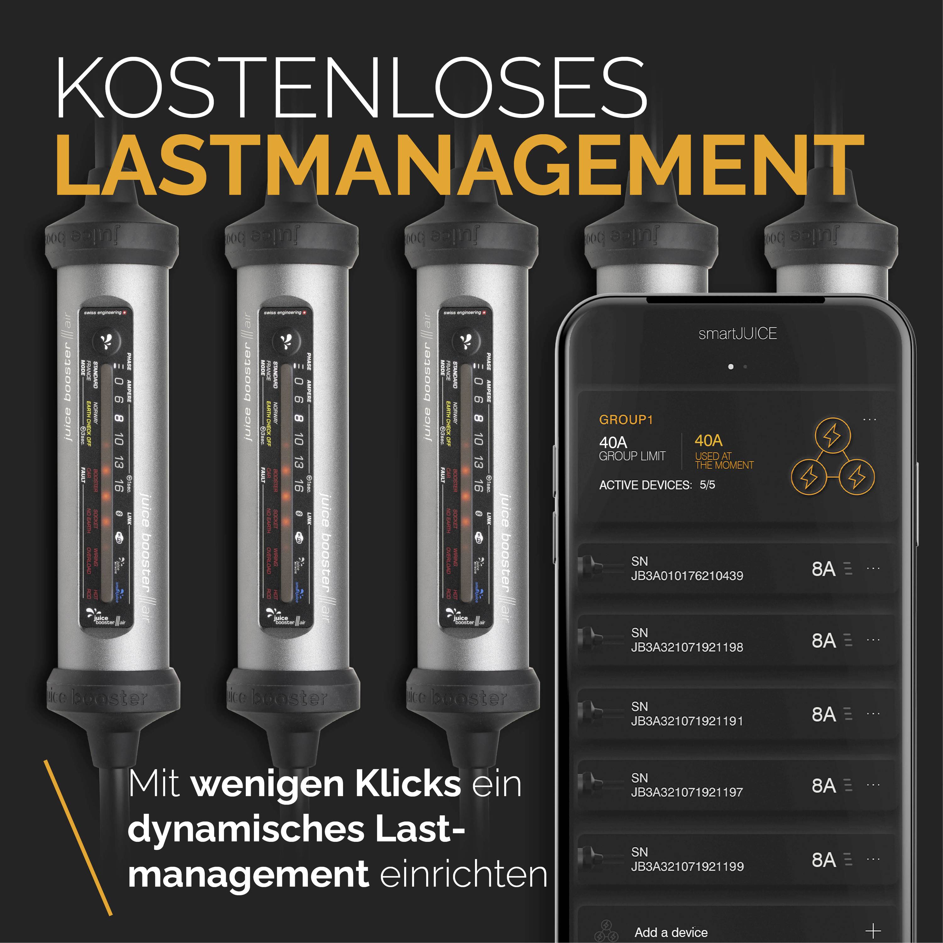 'Kostenloses Lastmanagement'; Vier Geräte, nebeneinander angeordnet. Rechts daneben ein Smartphone mit geöffneter Management-App.