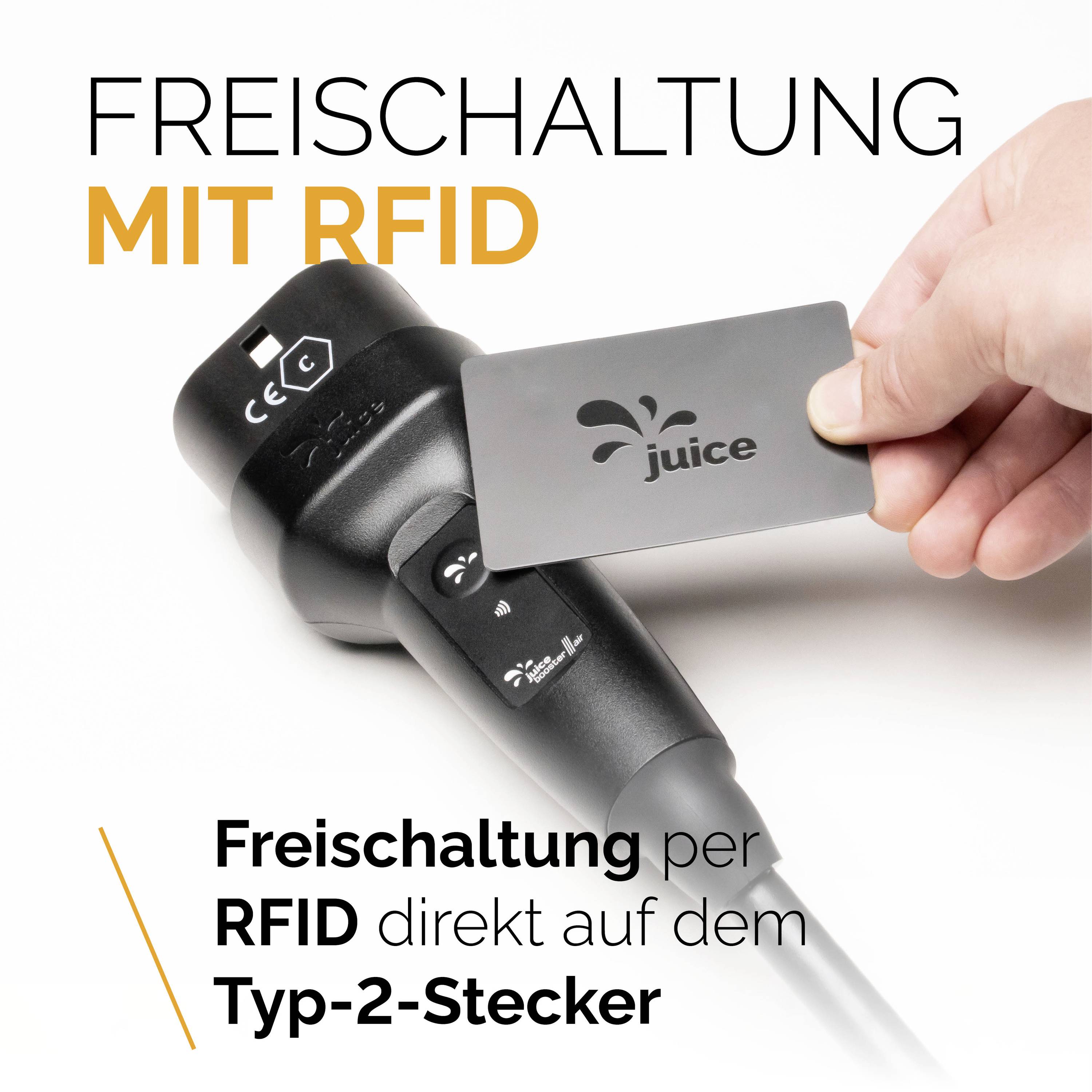 Hand hält eine RFID-Karte über einen Typ-2-Stecker. Text: 'Freischaltung mit RFID. Freischaltung per RFID direkt auf dem Typ-2-Stecker.'