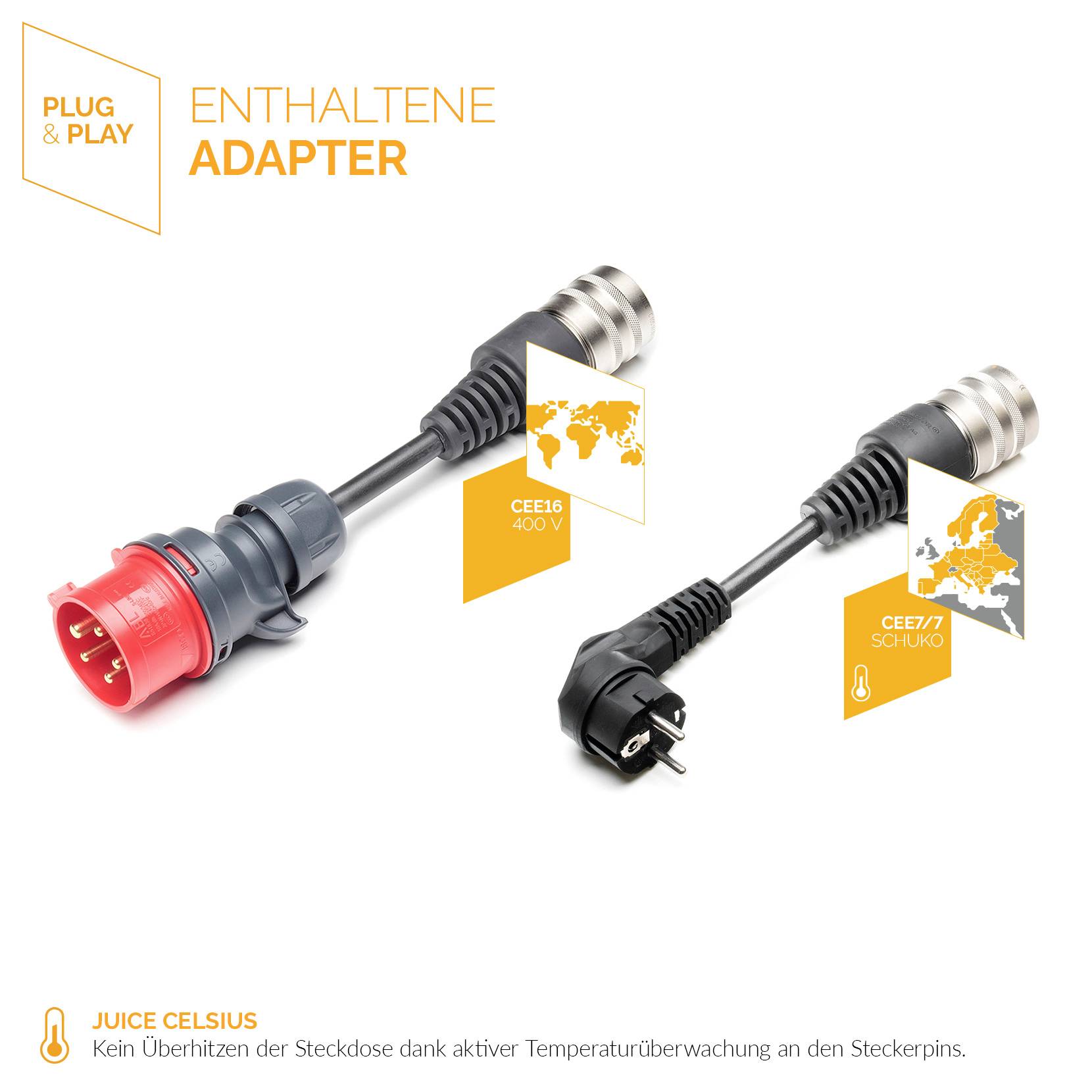Zwei Adapter: Links CEE16 400V-Stecker, rechts CEE7/Schuko-Stecker. Hinweis: Plug & Play, keine Überhitzung der Steckdosen.