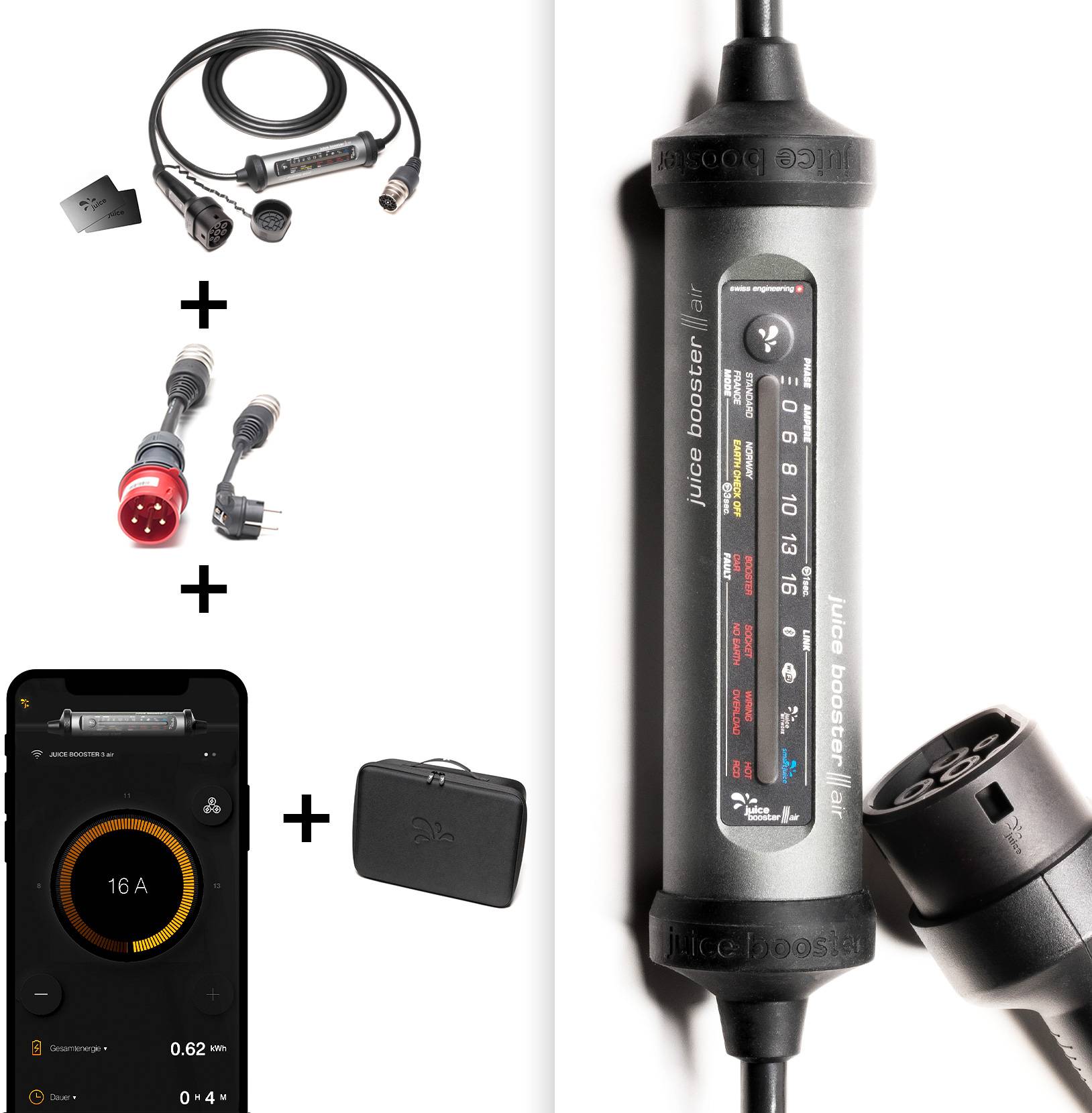 'Juice Booster 2' Ladegerät mit verschiedenen Adaptern, einem Koffer und einer Mobil-App-Anwendung zur Steuerung des Ladestroms.