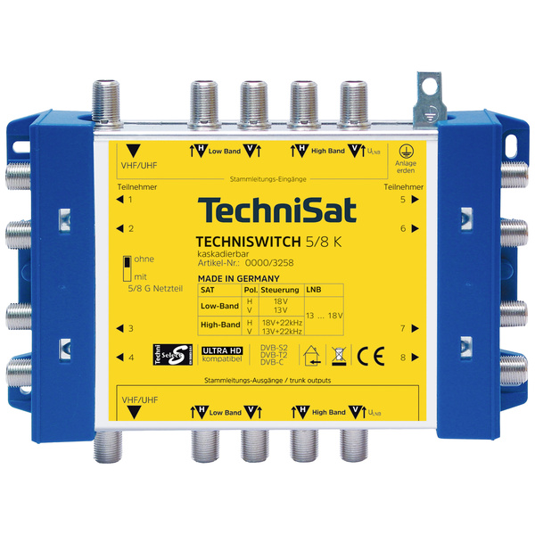 TechniSat Techniswitch 5/8 K, Kaskade SAT Multischalter Kaskade Eingänge (Multischalter): 5 (4 SAT/