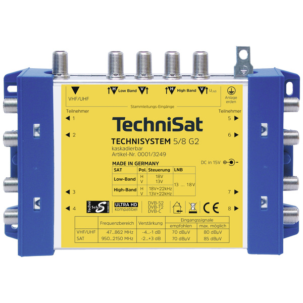 TechniSat Technisystem 5/8 G2, DC-NT SAT Multischalter Eingänge (Multischalter): 5 (4 SAT/1 terrestrisch) Teilnehmer-Anzahl: 8