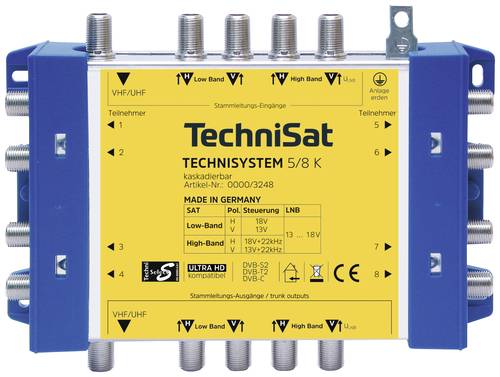 TechniSat Technisystem 5/8 K, Kaskade SAT Multischalter Kaskade Eingänge (Multischalter): 5 (4 SAT/