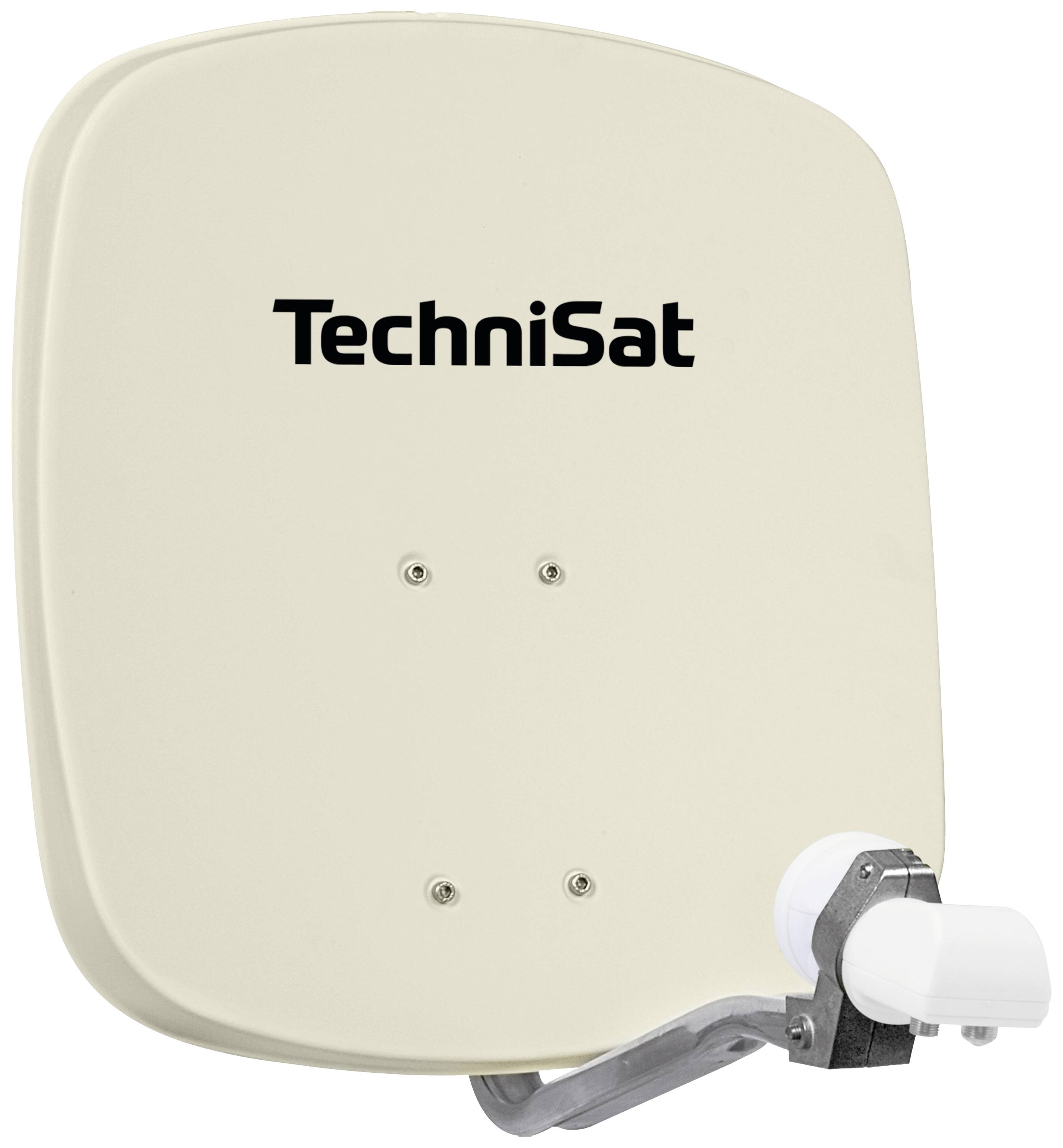 TechniSat Satellitenschüssel in hellbeiger Farbe, geeignet für den Empfang von Satellitensignalen. Sie ist an einem Halter montiert.