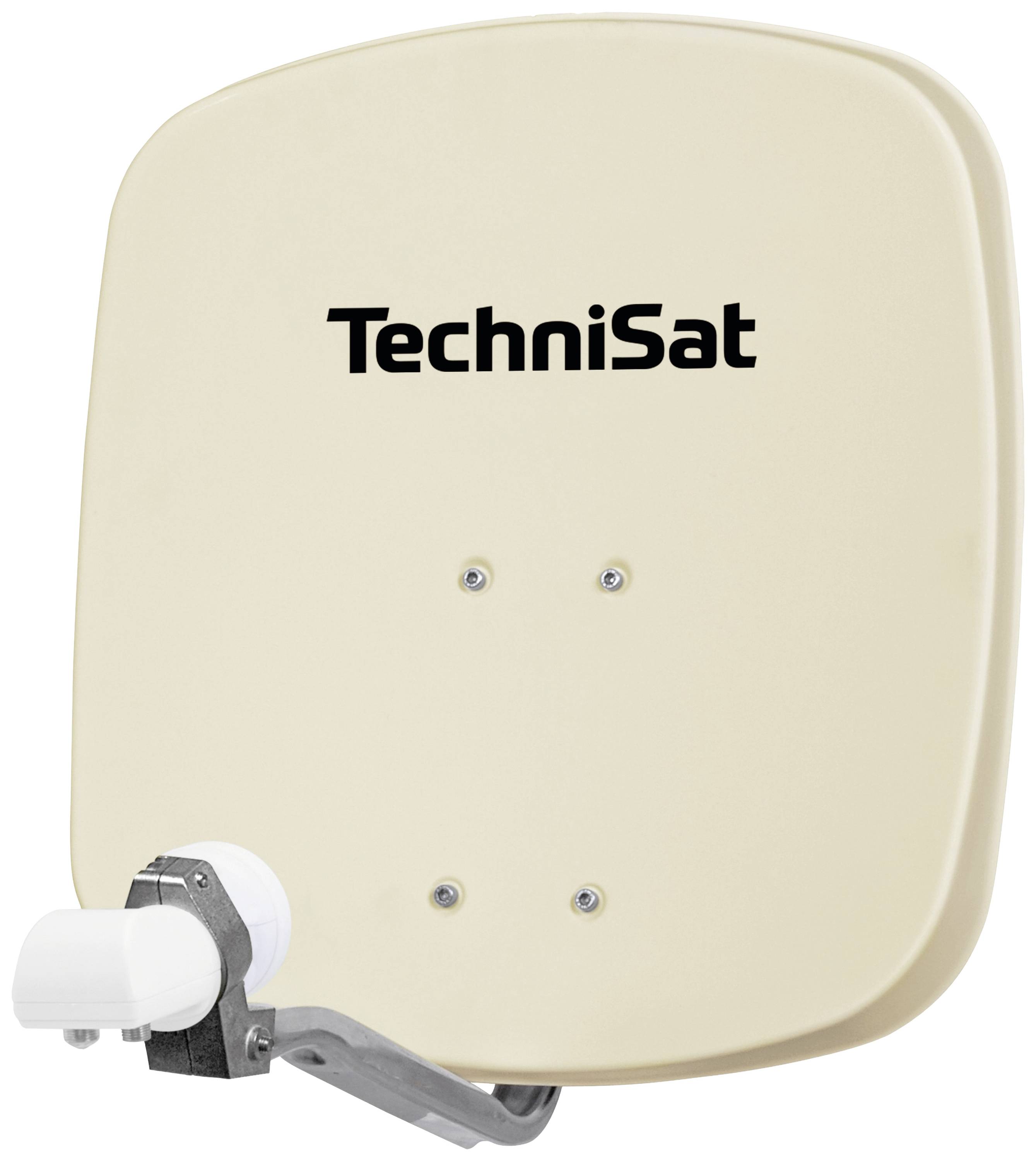 Beige Satellitenschüssel mit dem Aufdruck 'TechniSat', befestigt an einem Metallarm, vor weißem Hintergrund.