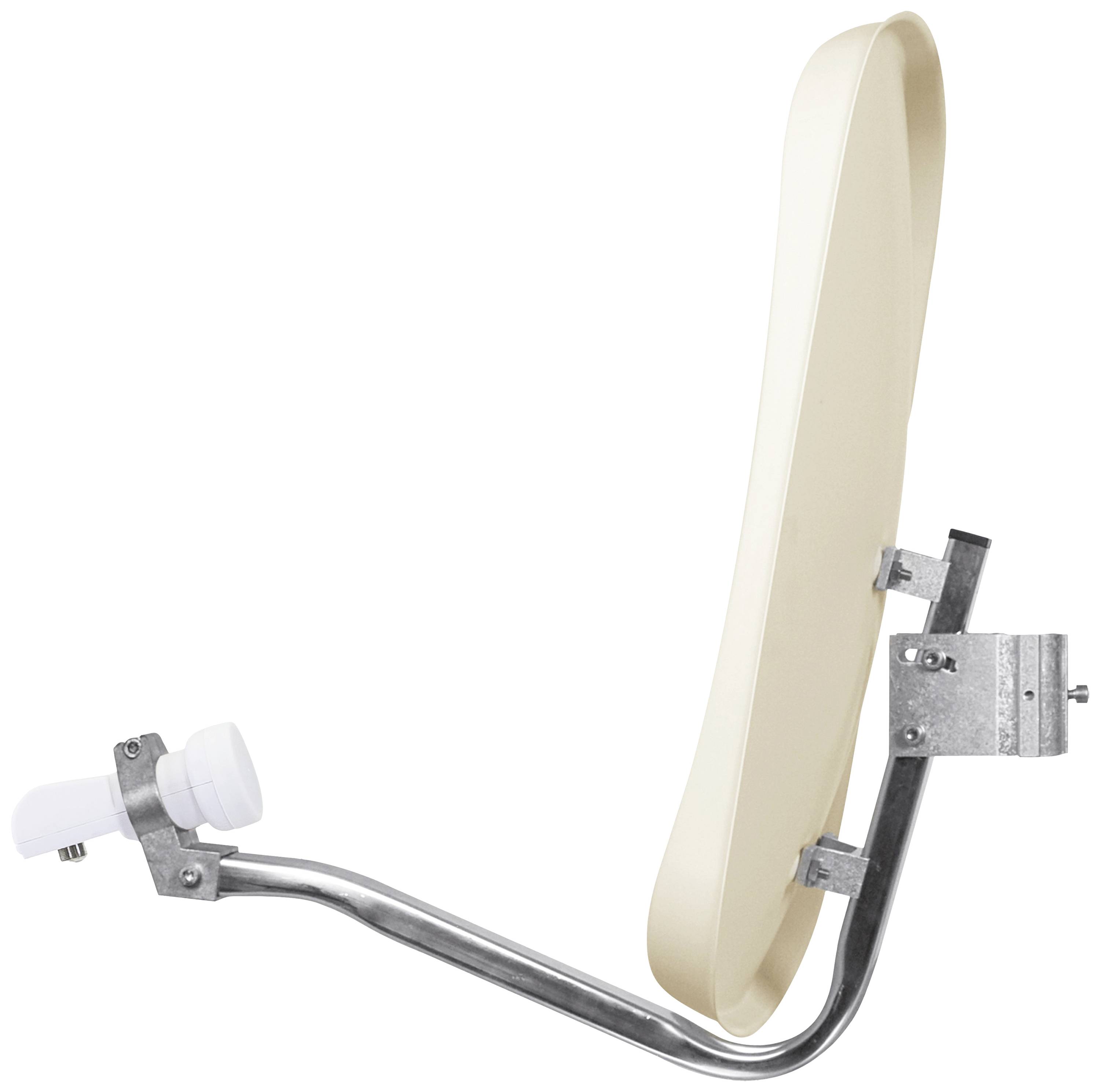 Ein weißes, ovales Satellitenparabol mit LNB auf einem Metallarm, bereit zur Installation.