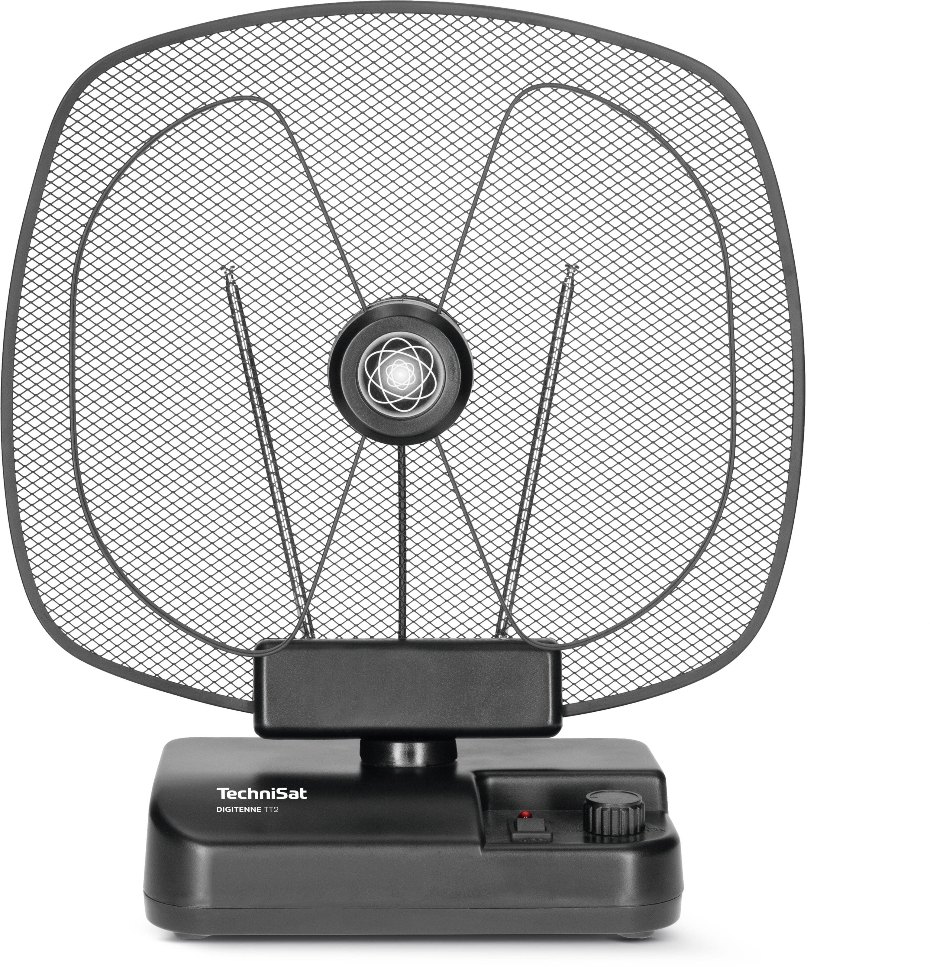 Eine schwarze, rechteckige Zimmerantenne mit runder, gitterartiger Fläche und einem Drehknopf. Steht auf einem Tisch.