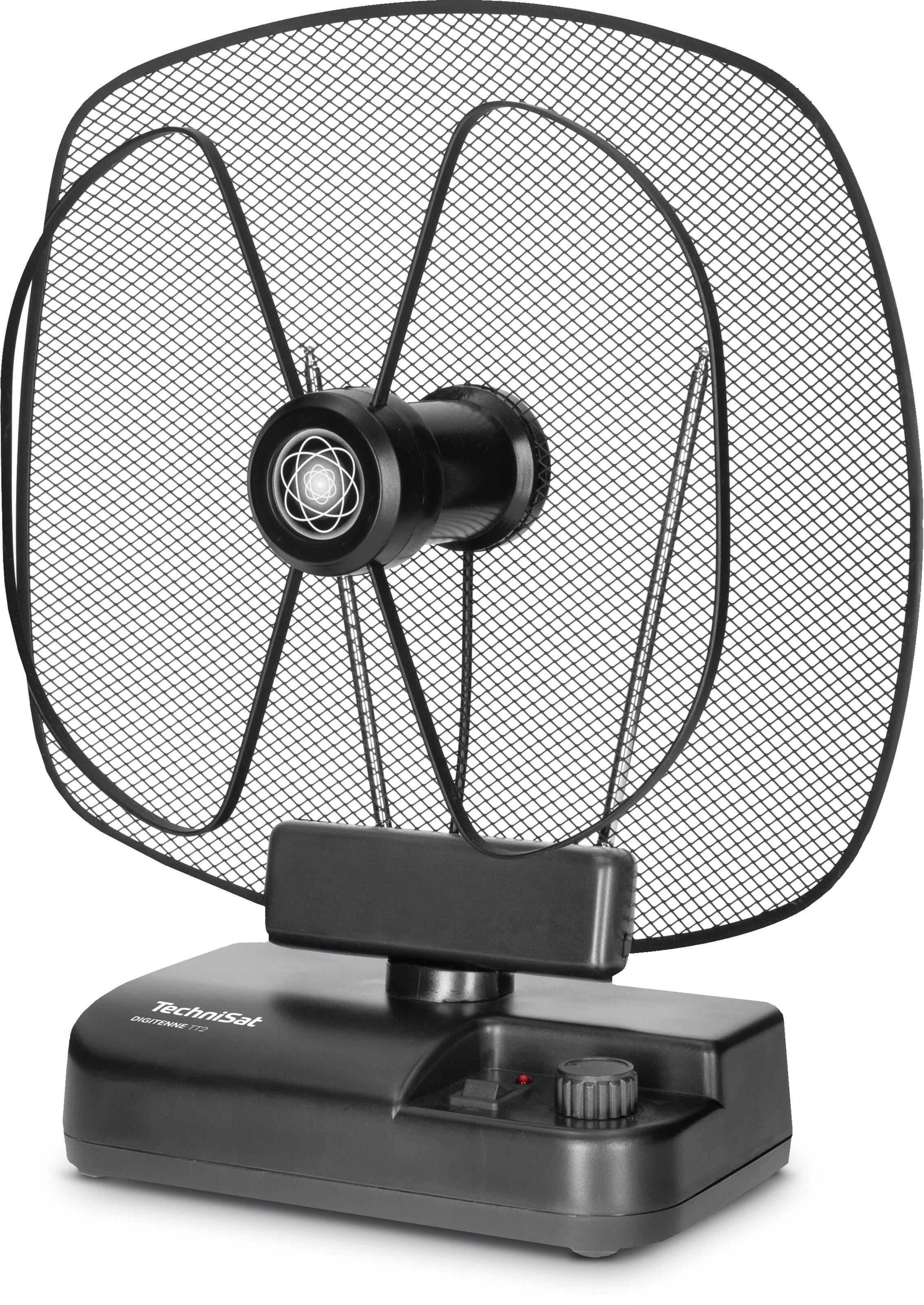 Schwarze Zimmerantenne mit modernem Design, Metallgitter und verstellbarem Fuß. Geeignet für den Empfang von digitalen Fernsehsignalen.