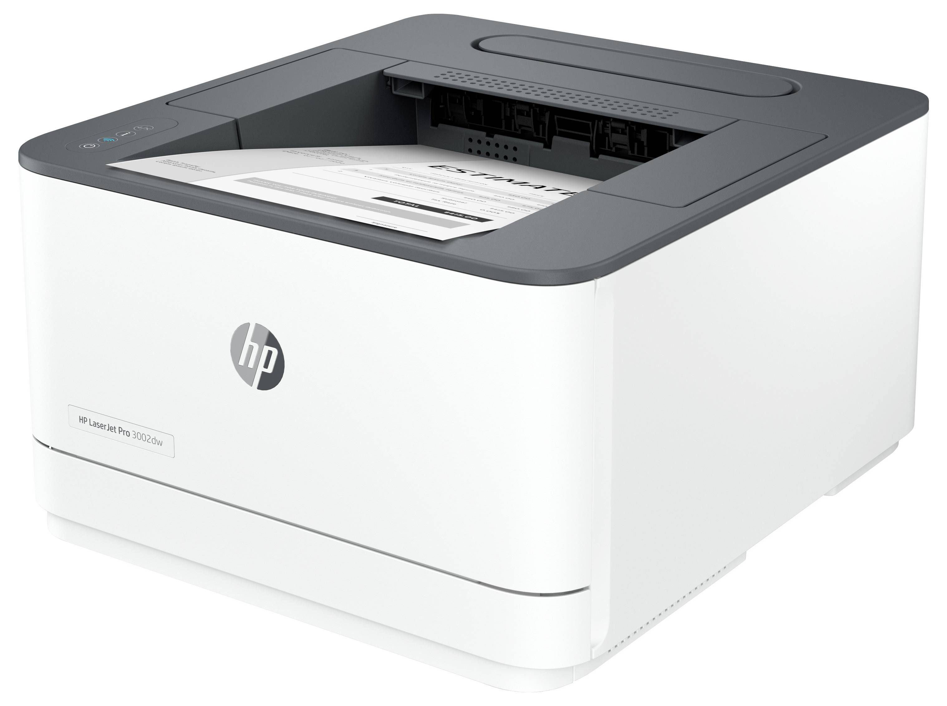 Weißer HP LaserJet Pro Drucker mit einem beladenen Papierfach oben, gezeigt in einer produktgestylten Ansicht.