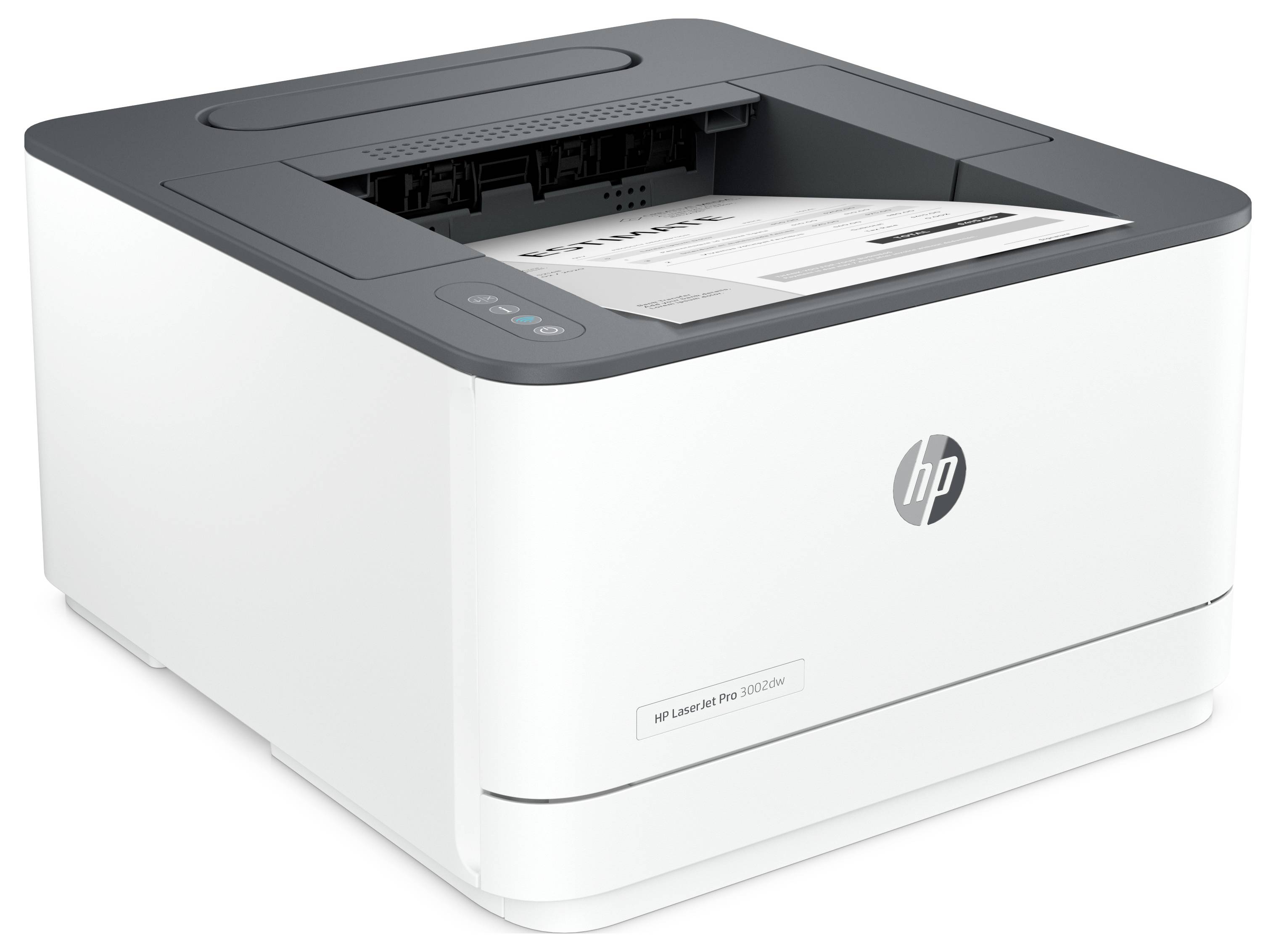 Weißer HP LaserJet Pro Drucker mit Papier in der Ausgabeschale, gezeigt in einer Dreiviertelvorderansicht.