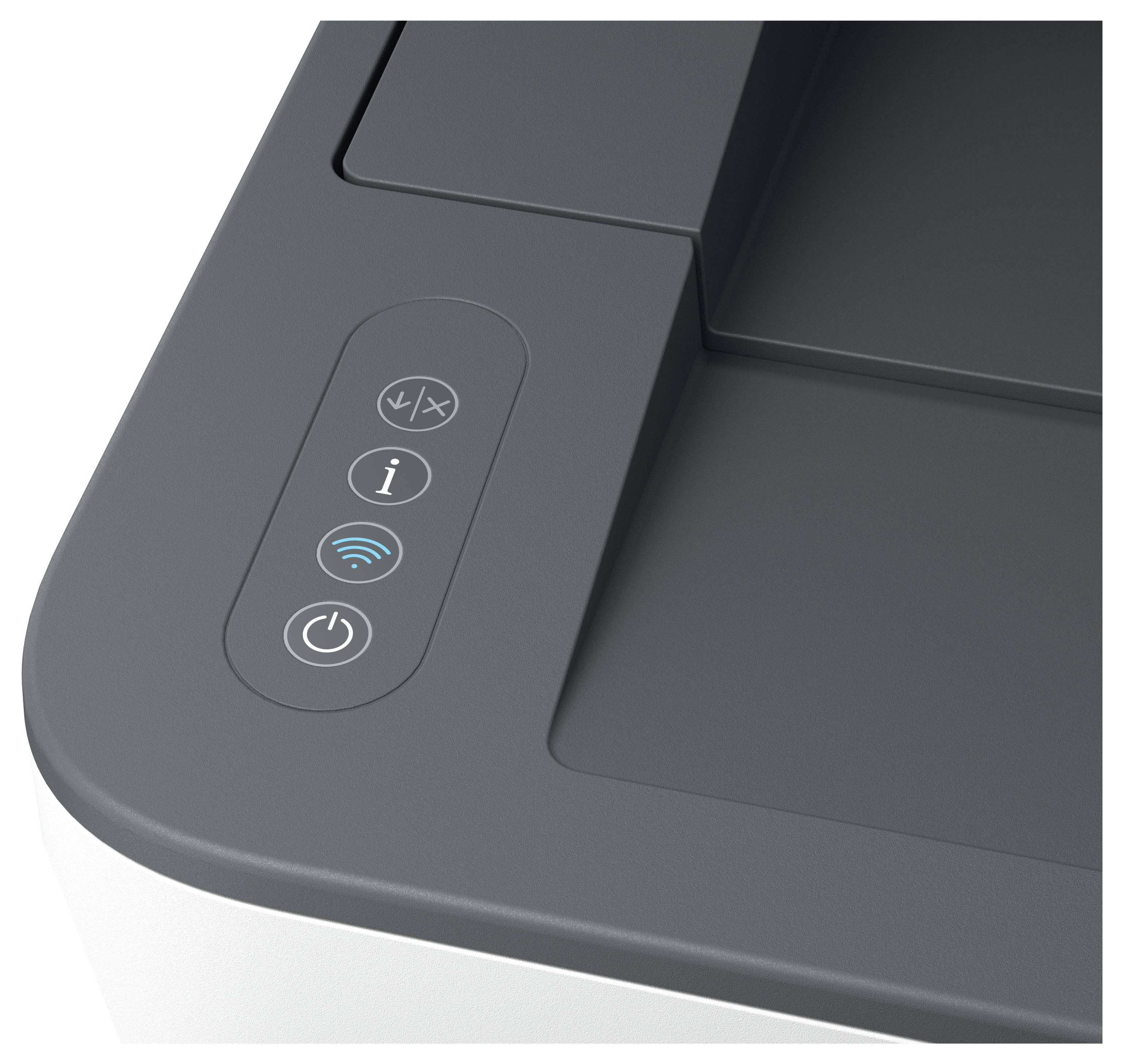 Nahaufnahme des Bedienfeldes eines Druckers mit Tasten zum Abbrechen, Informationen, Wireless-Verbindung und Stromversorgung.