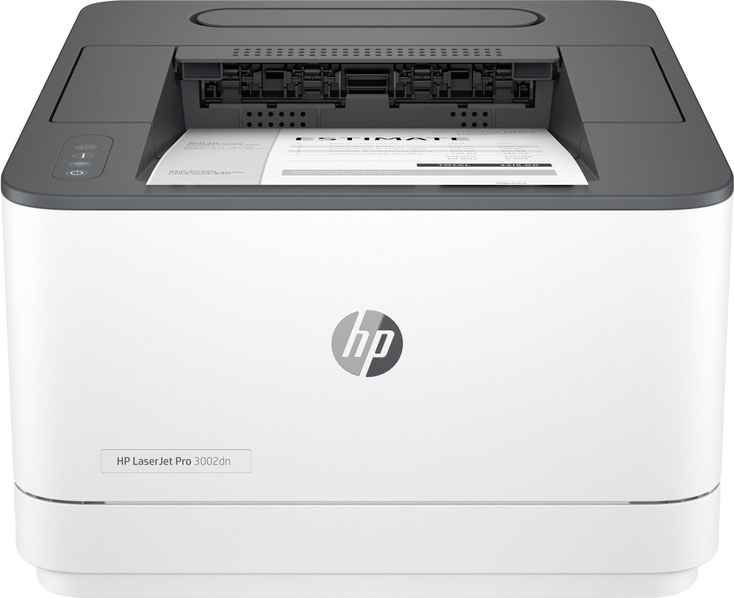 Vorderansicht eines HP LaserJet Pro 3002dn Druckers, der gerade eine Seite aus dem Papierfach druckt.