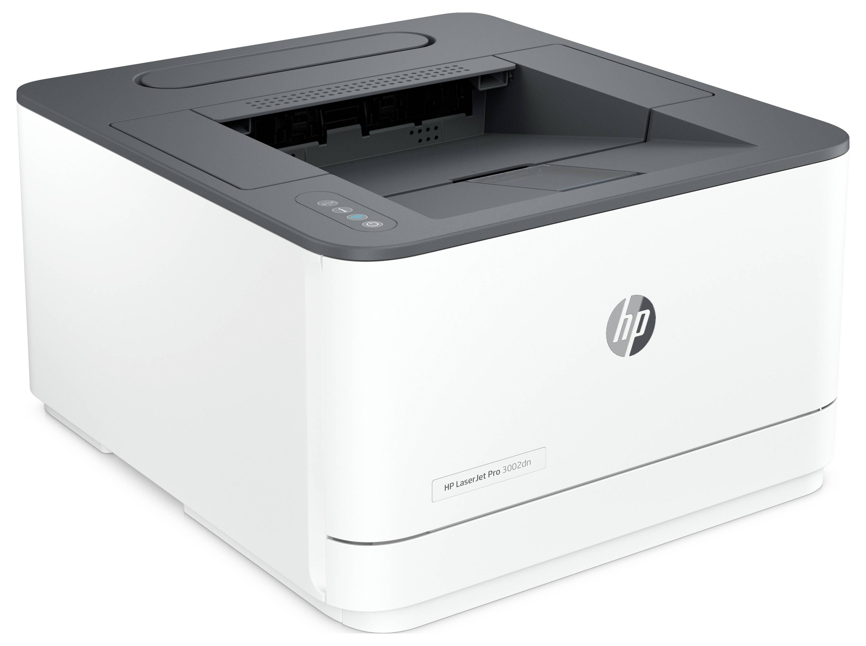 HP LaserJet Pro Drucker in Dreiviertelvorderansicht, weiß mit dunkelgrauer Oberseite und Bedienfeld.