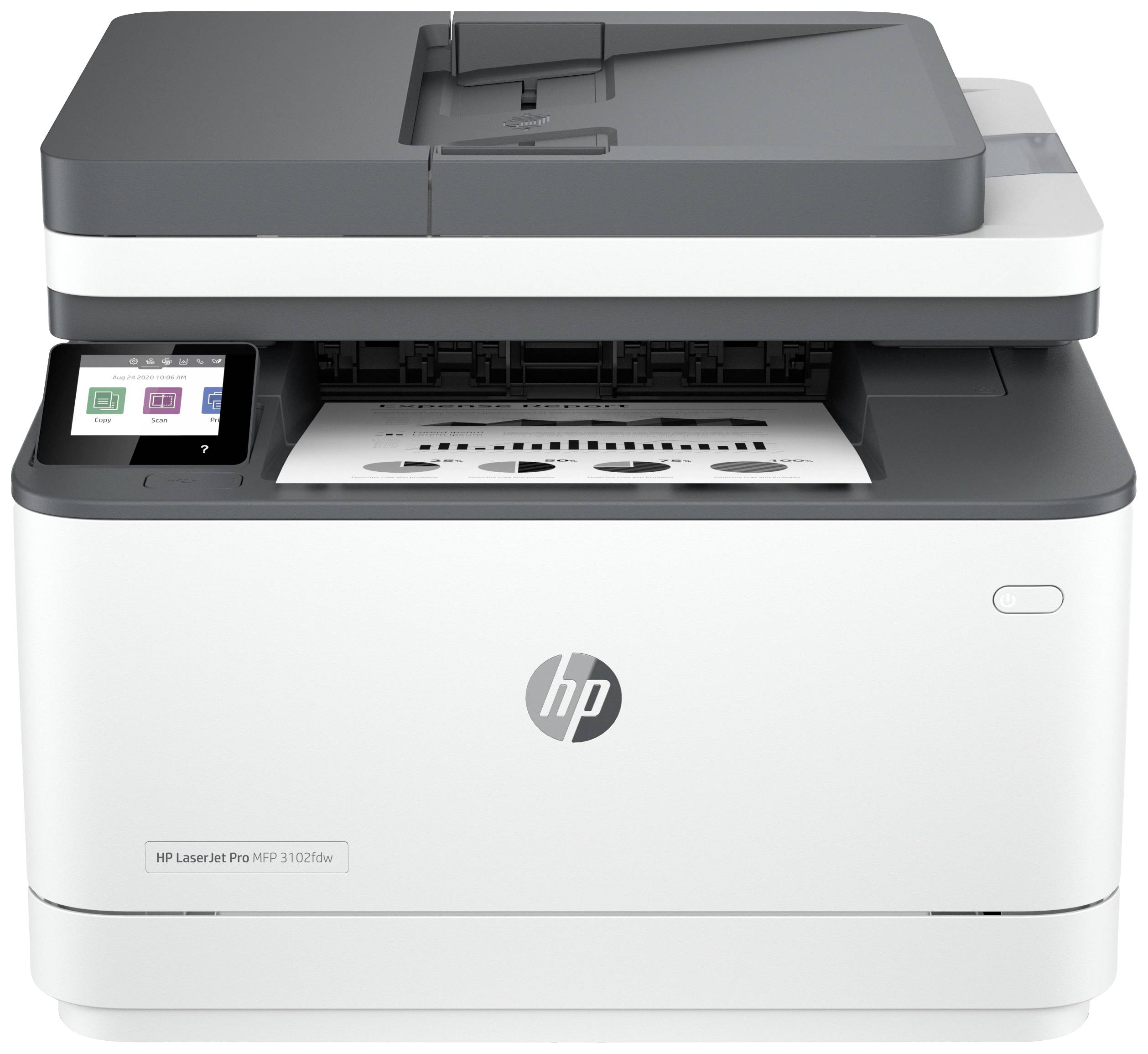 Multifunktionsdrucker mit dunkler Oberseite und HP-Logo, zeigt Display, Papierfach offen mit gedrucktem Dokument.