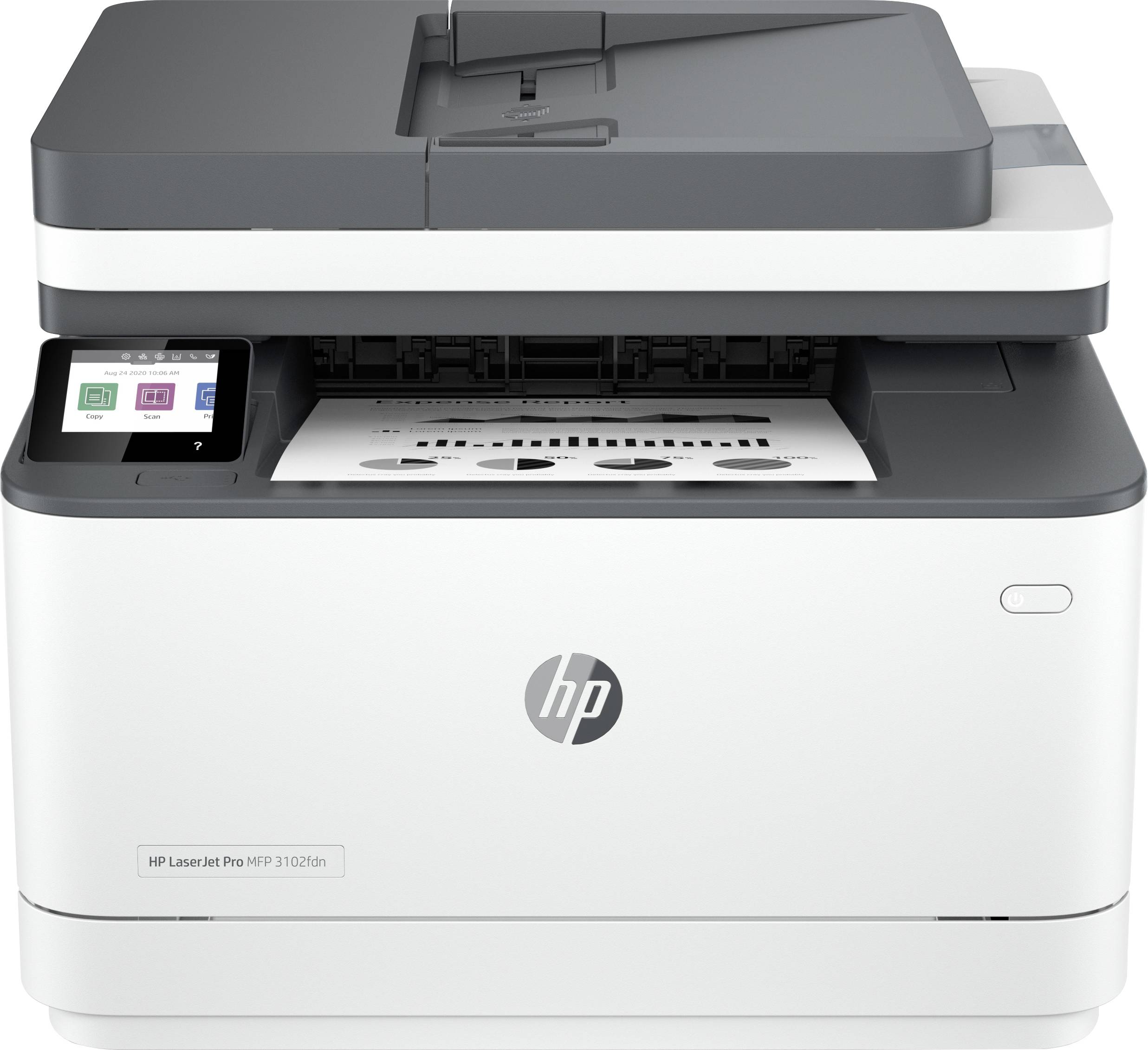 Vorderansicht eines HP LaserJet Pro MFP-Druckers mit Touchscreen, wobei eine bedruckte Seite im Ausgabefach sichtbar ist.