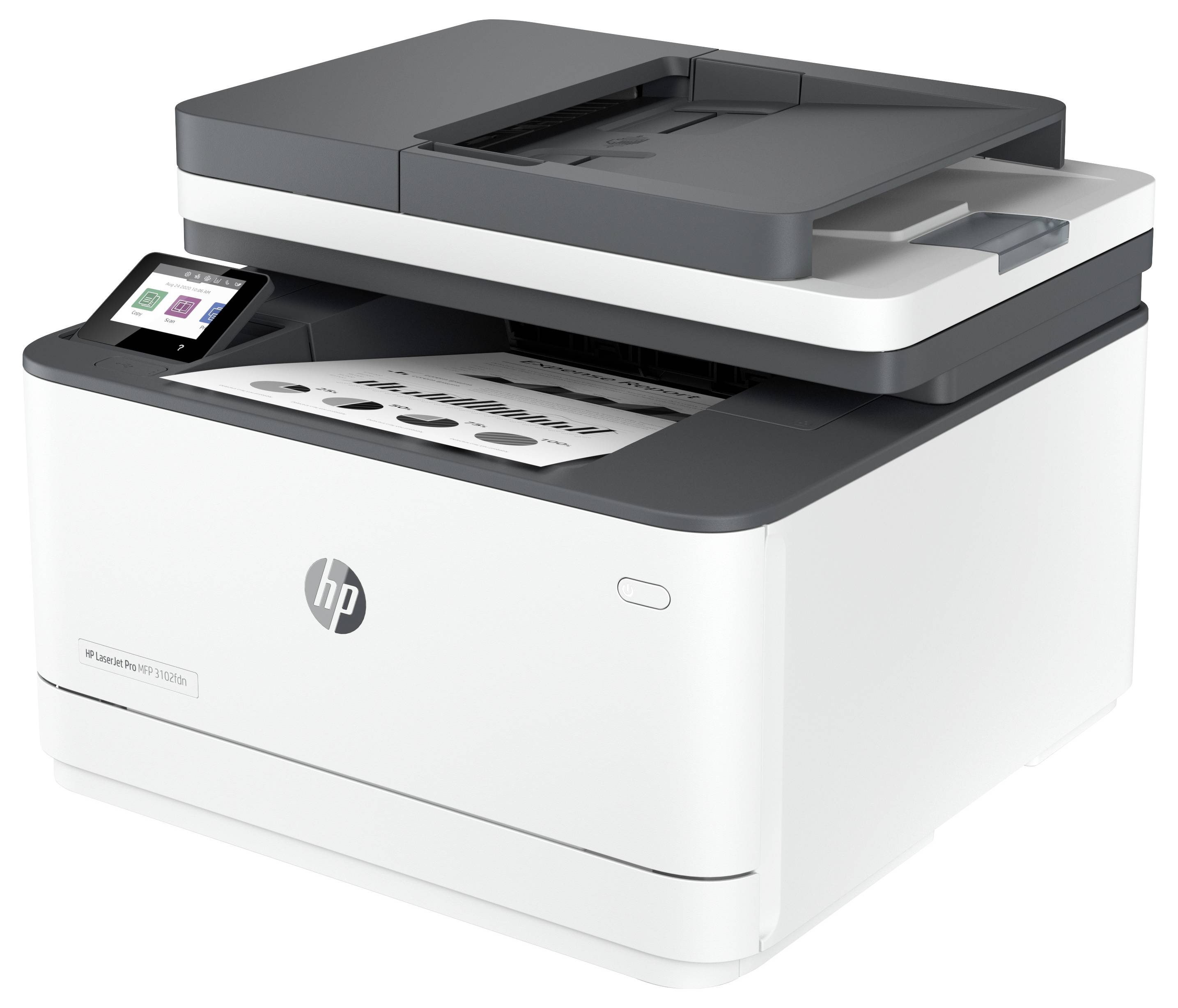 HP Multifunktionsdrucker mit Touchscreen-Bedienfeld, der ein zu scannendes Dokument anzeigt und ein Druckausgabefach.