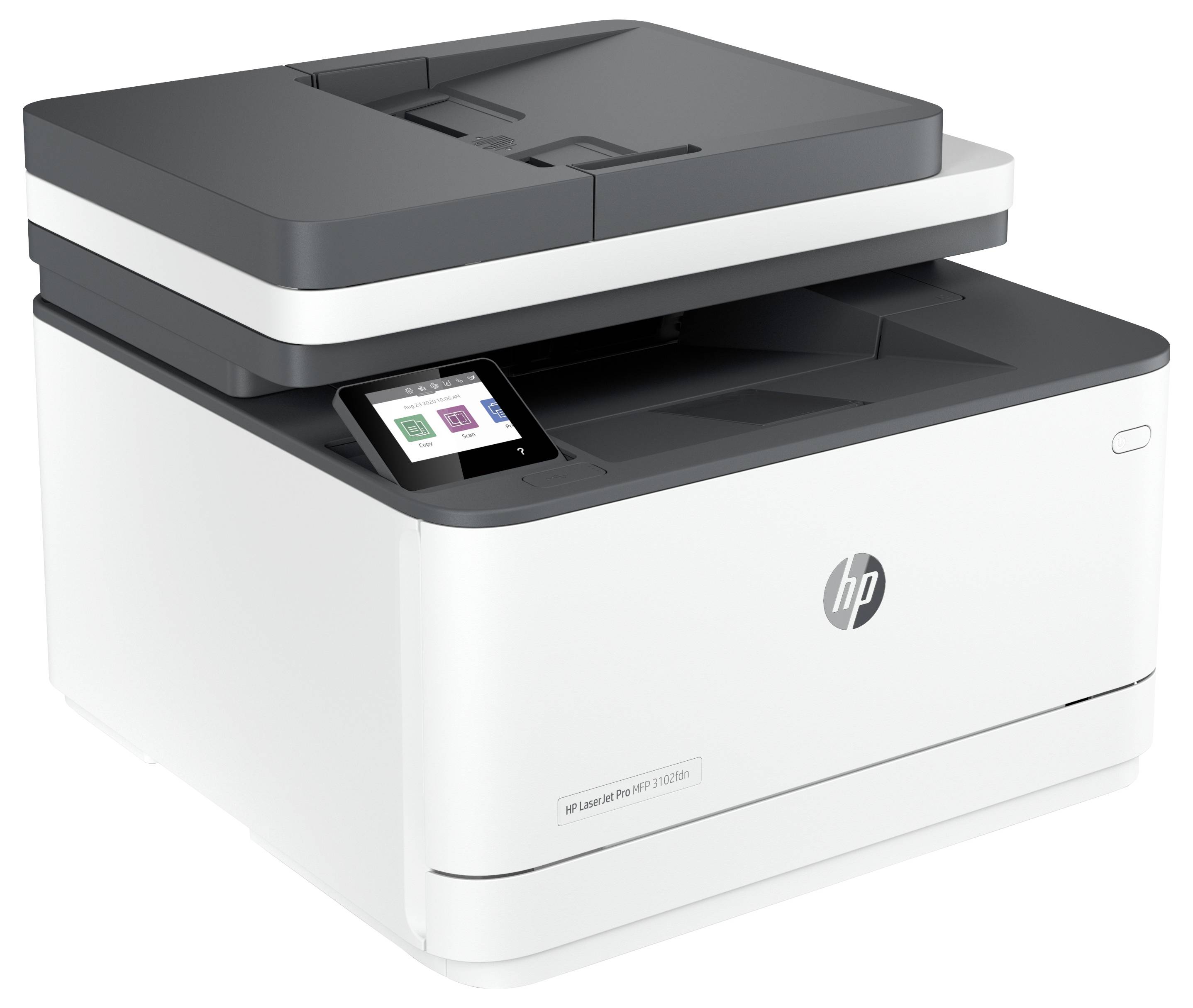 HP Multifunktionslaserdrucker mit Flachbettscanner und Touchscreen-Bedienfeld, dargestellt in Weiß und Dunkelgrau auf neutralem Hintergrund.