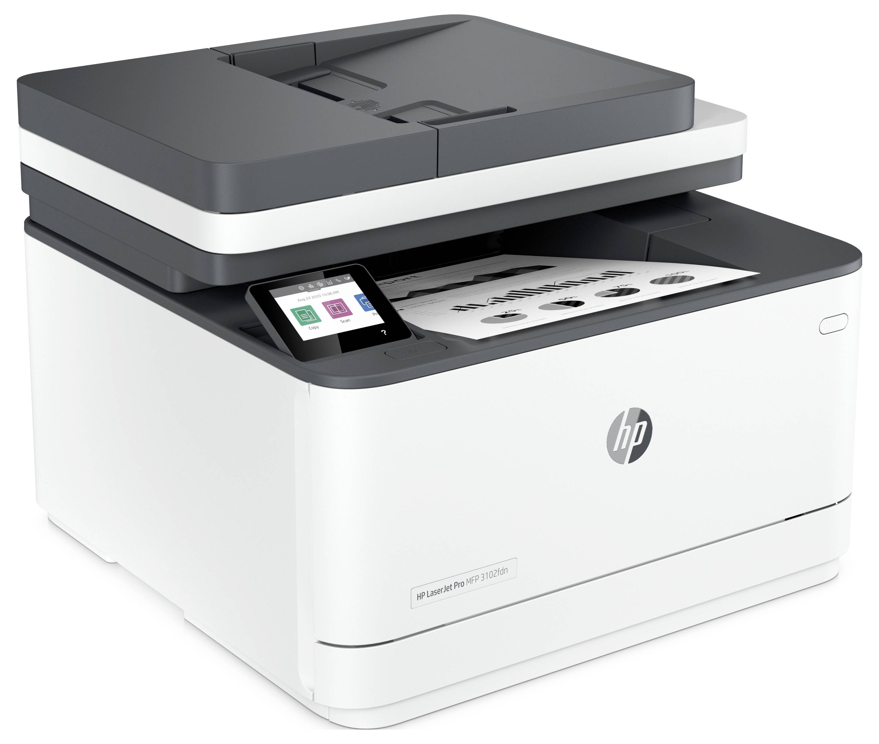 HP Multifunktionsdrucker mit Touchscreen-Bedienfeld, zeigt Papier im Scanner und in den Ausgabefächern.