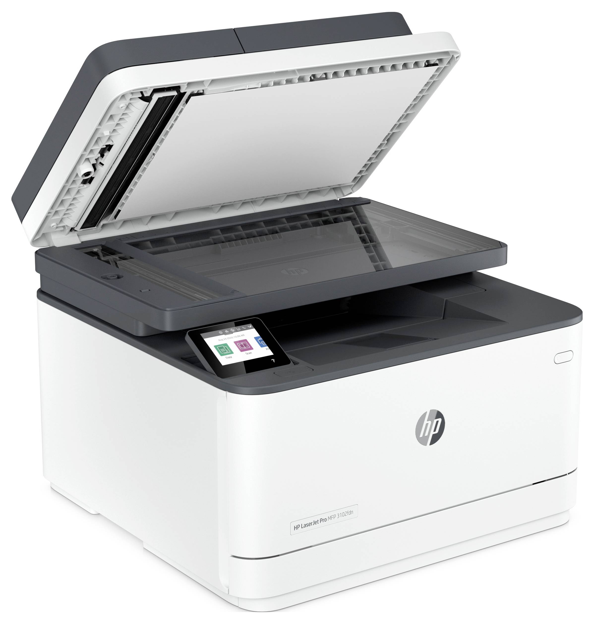 HP LaserJet Pro Multifunktionsdrucker mit offenenem Flachbett-Scannnerdeckel, zeigt das Scannerglas und das Papierfach