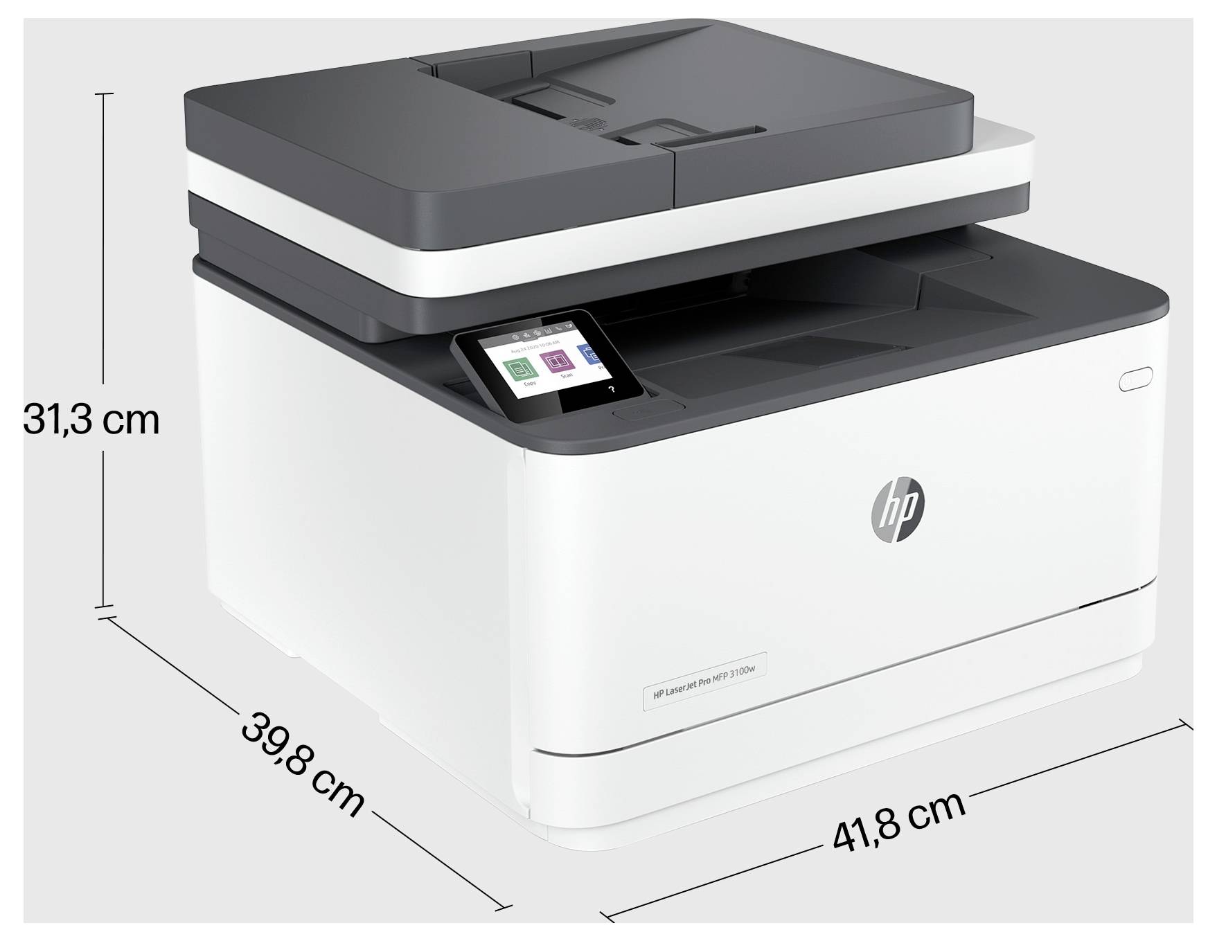HP Multifunktionsdrucker in Dreiviertelsicht dargestellt, mit beschrifteten Abmessungen von 31,3 cm Höhe, 39,8 cm Tiefe und 41,8 cm Breite.