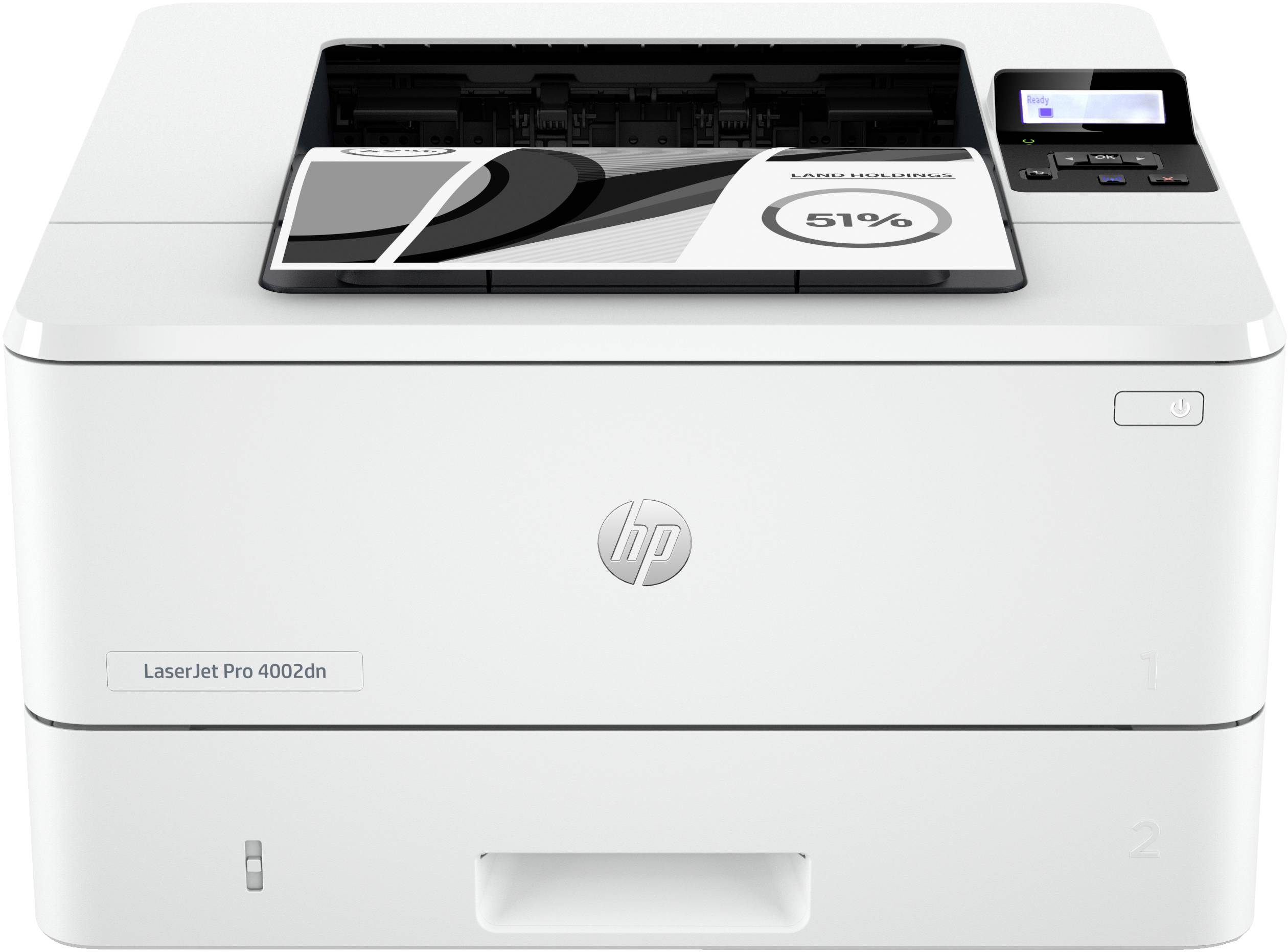 Weißer HP LaserJet Pro 4002dn Drucker in Frontansicht mit geöffnetem Papierausgabefach und Bedienfeld-Display oben rechts.