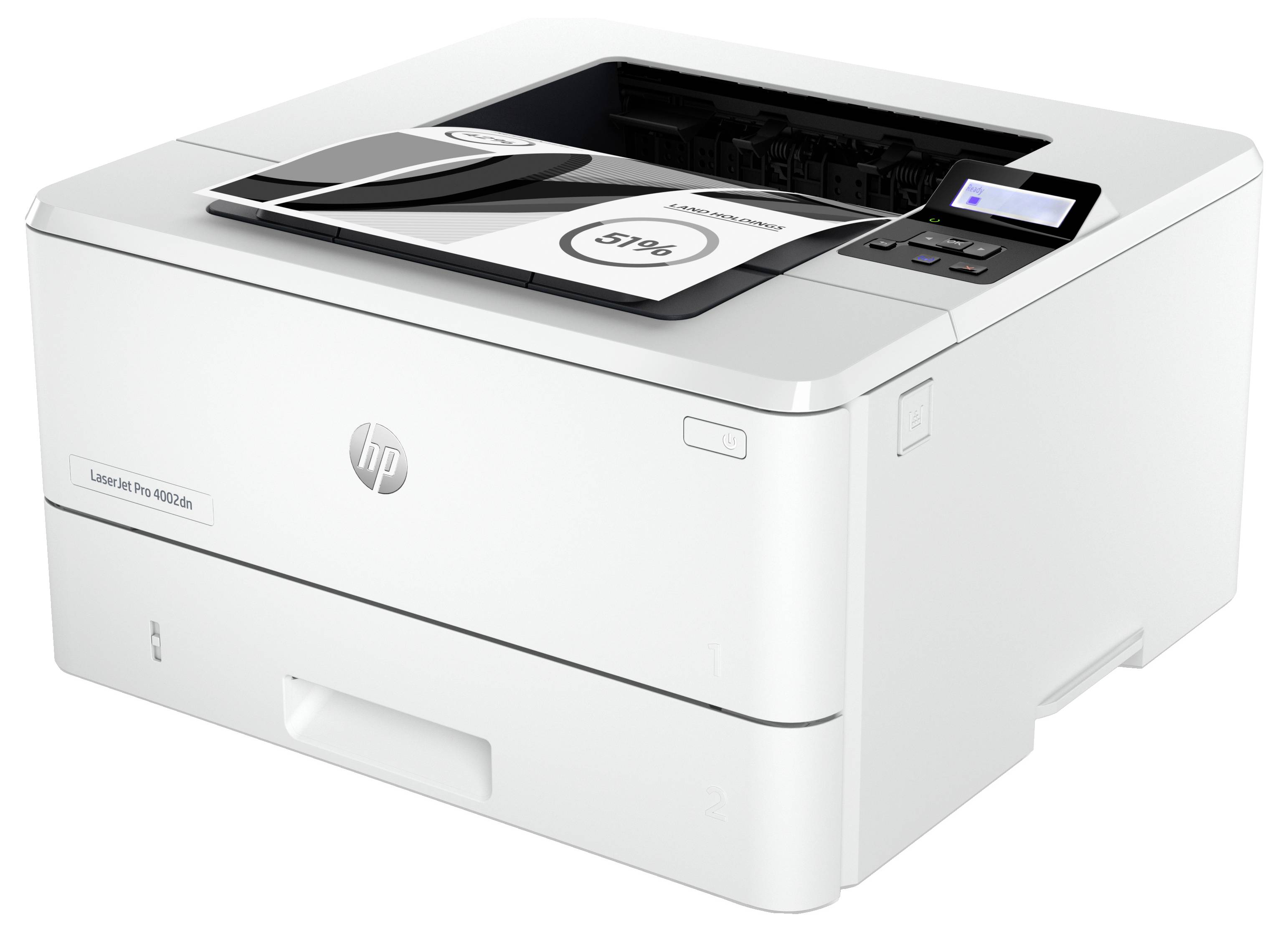 Weißer HP LaserJet Pro-Drucker mit offener Papierkassette, kleines Bedienfeld und Display oben rechts sichtbar.